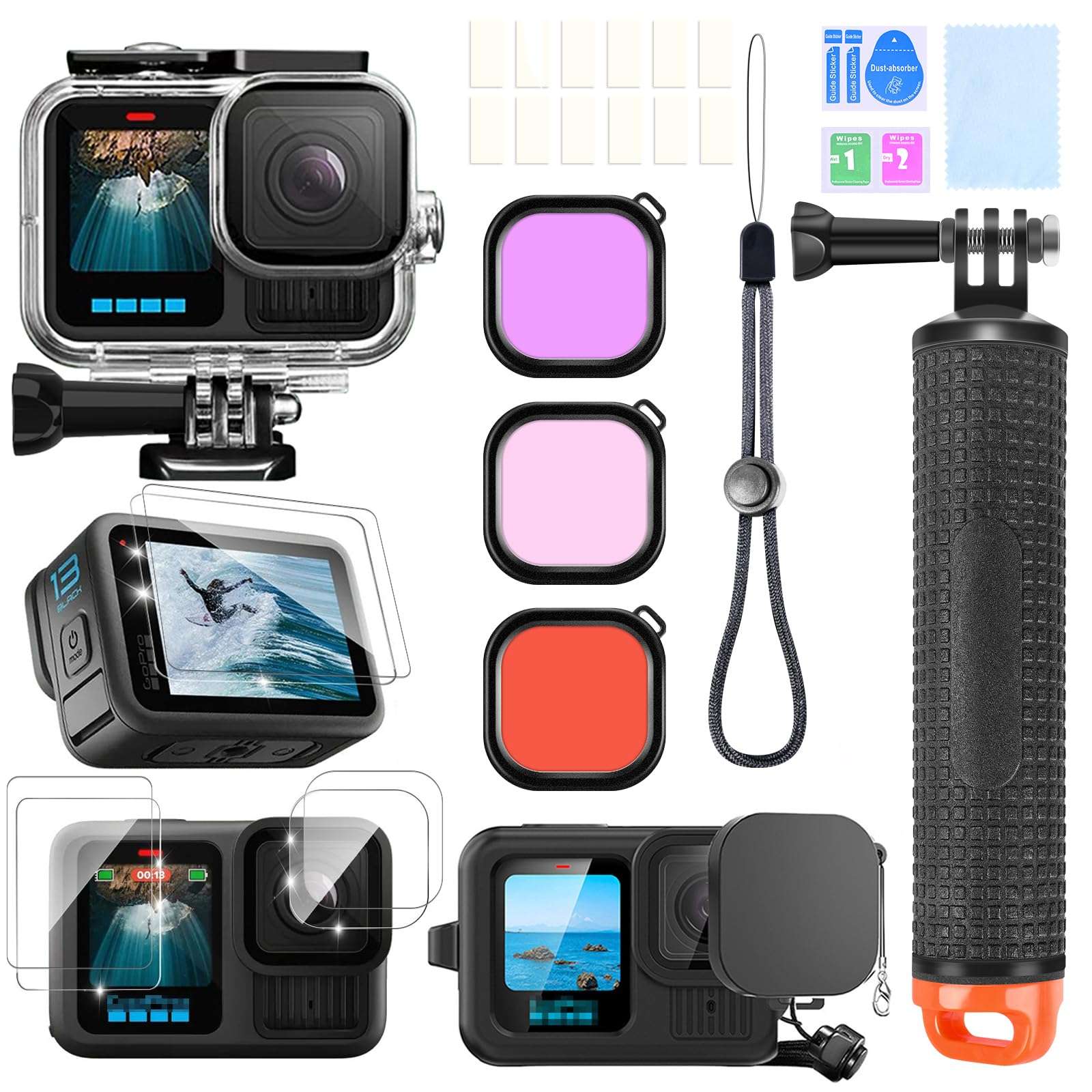 OctinPris Accessories Kit for Gopro Hero 13 Waterproof Housing Case Underwater Float Handle Stick Silicone Sleeve Lens Cap Tempered Glass Screen Protectors Dive Filters Anti-Fog Inserts Bundle Set 1