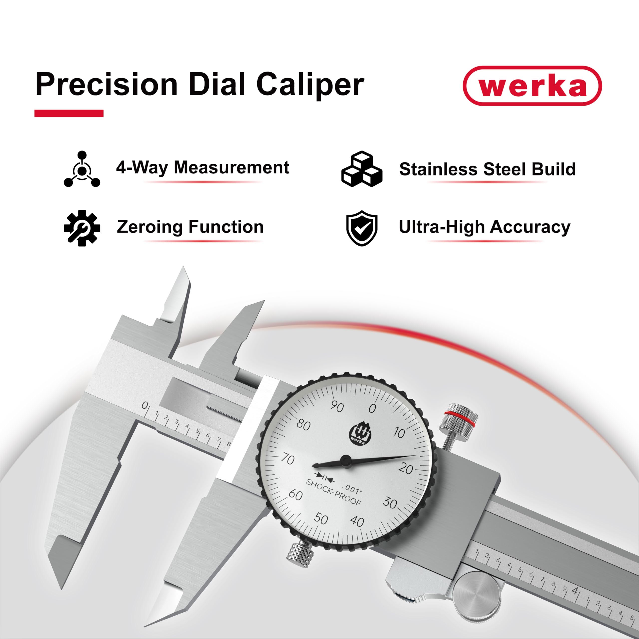 werka Dial Caliper 8 Inch, Shockproof Dial Caliper Measuring Tool with 0.001" Precision Micrometer Caliper with Custom Case, 4-Way Measurement, Stainless Steel 6