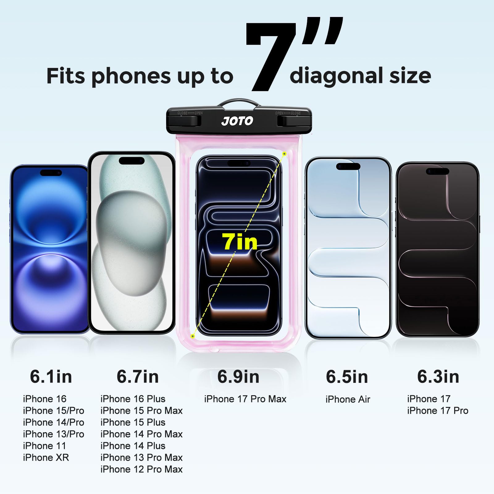 JOTO Up to 7" Universal Waterproof Phone Case for iPhone 17 Air 16 15 14 13 12 11 Plus Pro Max, IPX8 Cellphone Dry Bag XR X SE, Galaxy S23 S22 S21 S20+ S20 S10 Plus Note, Pixel -Clearpink 4