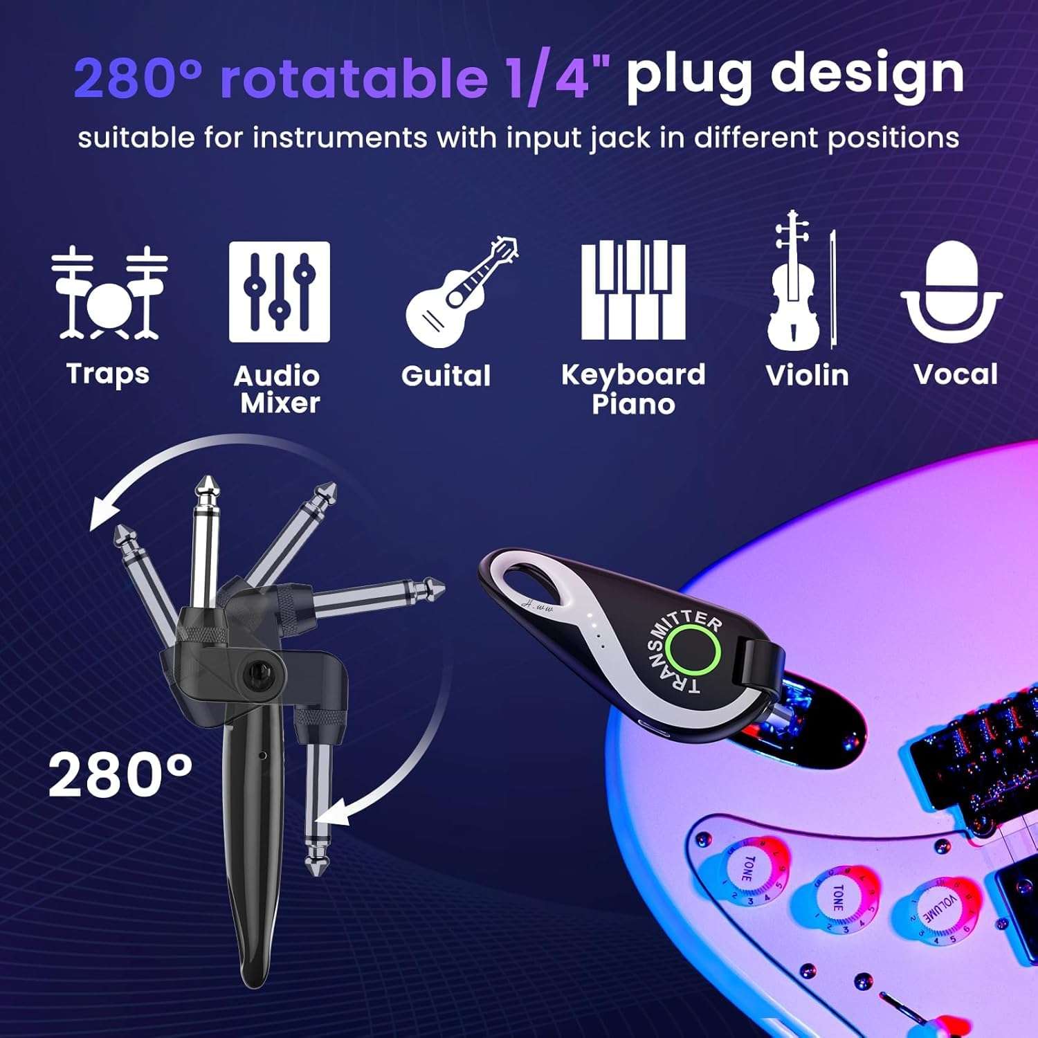 SolWoods Wireless Guitar System 2.4 GHz, Professional Starter Rechargeable Audio Wireless Guitar Transmitter Receiver for Guitar, Bass, Electronic Instruments (H1) 4