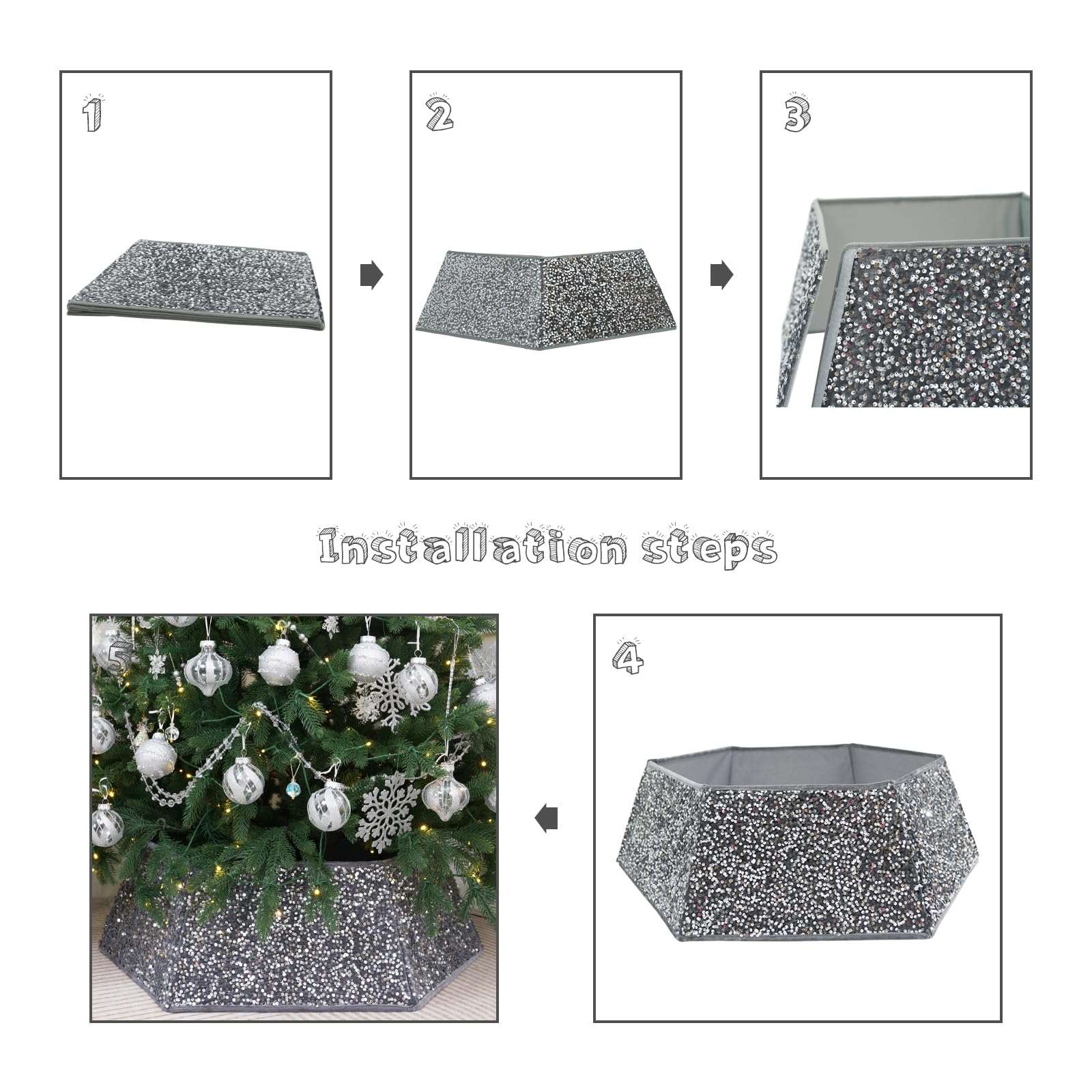 Silvergrey Christmas Tree Collar with Sparkling Sequins,Christmas Tree Collars for Atificial Trees, 33.5 Inch Christmas Tree Skirt, Xmas Tree Stand Base Cover,Holiday Home Decor Tree Ring(Large) 3