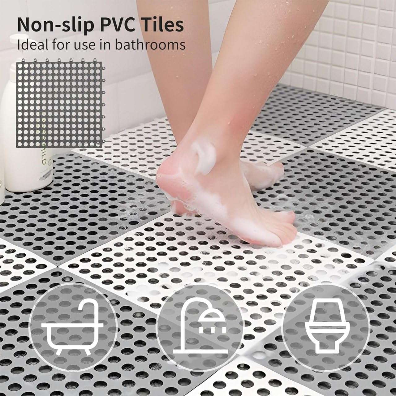 REDMART Interlocking Non-Slip Bathroom Floor Tiles with Drain Holes - Soft PVC Massage Bath Mats for Shower, Pool Deck, Patio & Garage - DIY Splicing Cushion Mat (Grey/White, Pack of [6]) 5