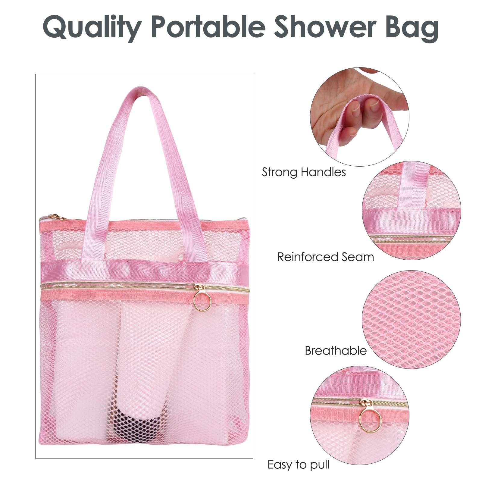 DODAMOUR 2 Packs Mesh Shower Caddy, Portable Shower Tote Bag for College Dorm, Travel Hanging Toiletry Bath Organizer with Zipper (Pink) 5
