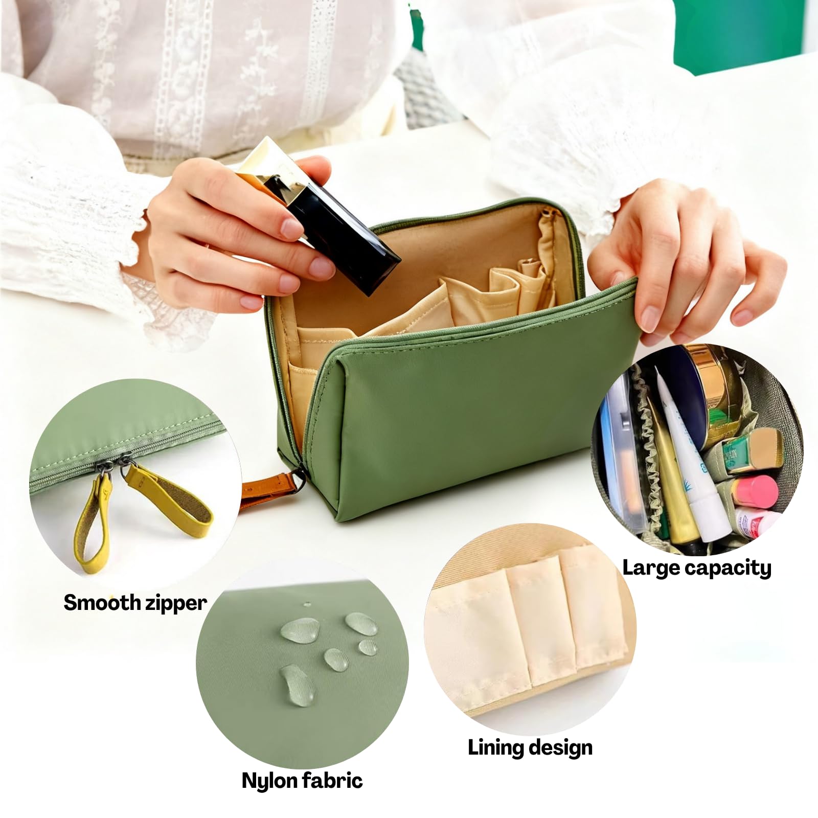 TecoKart® 2 Pack Small Makeup Pouch Set – Waterproof Travel Cosmetic Organizer, Mini Make Up Case for Women, Portable Korean Style Beauty Bag (Army Green & Black) - 16 cm x 6 cm x 9.5 cm 4
