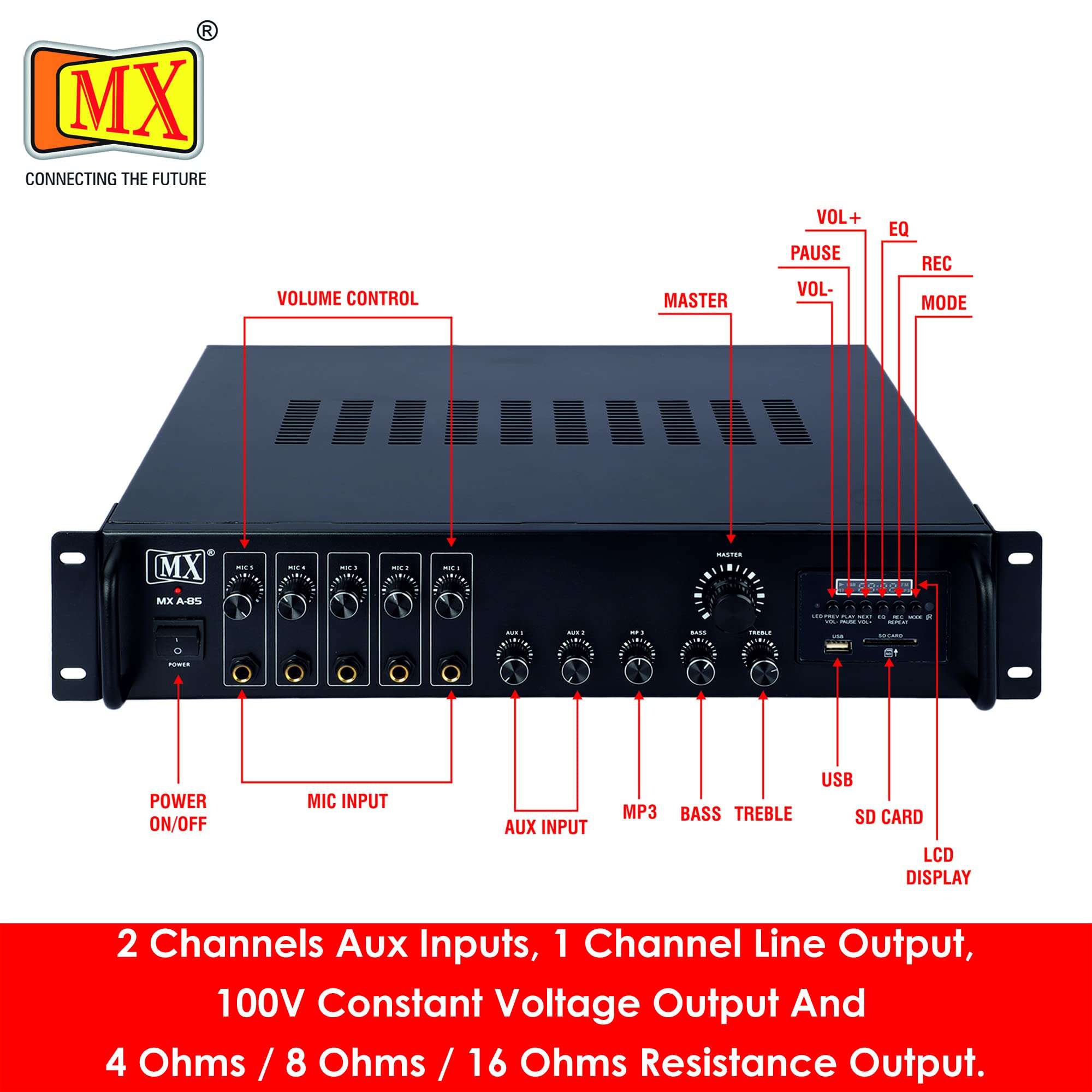 MX (A-85) PA AMPLIFIER WITH LCD DISPLAY,KARAOKE FUNCTION,USB,AUX,MIC,BLUETOOTH,LINE PERFECT FOR HOME AND OUTDOOR FUNCTION 4