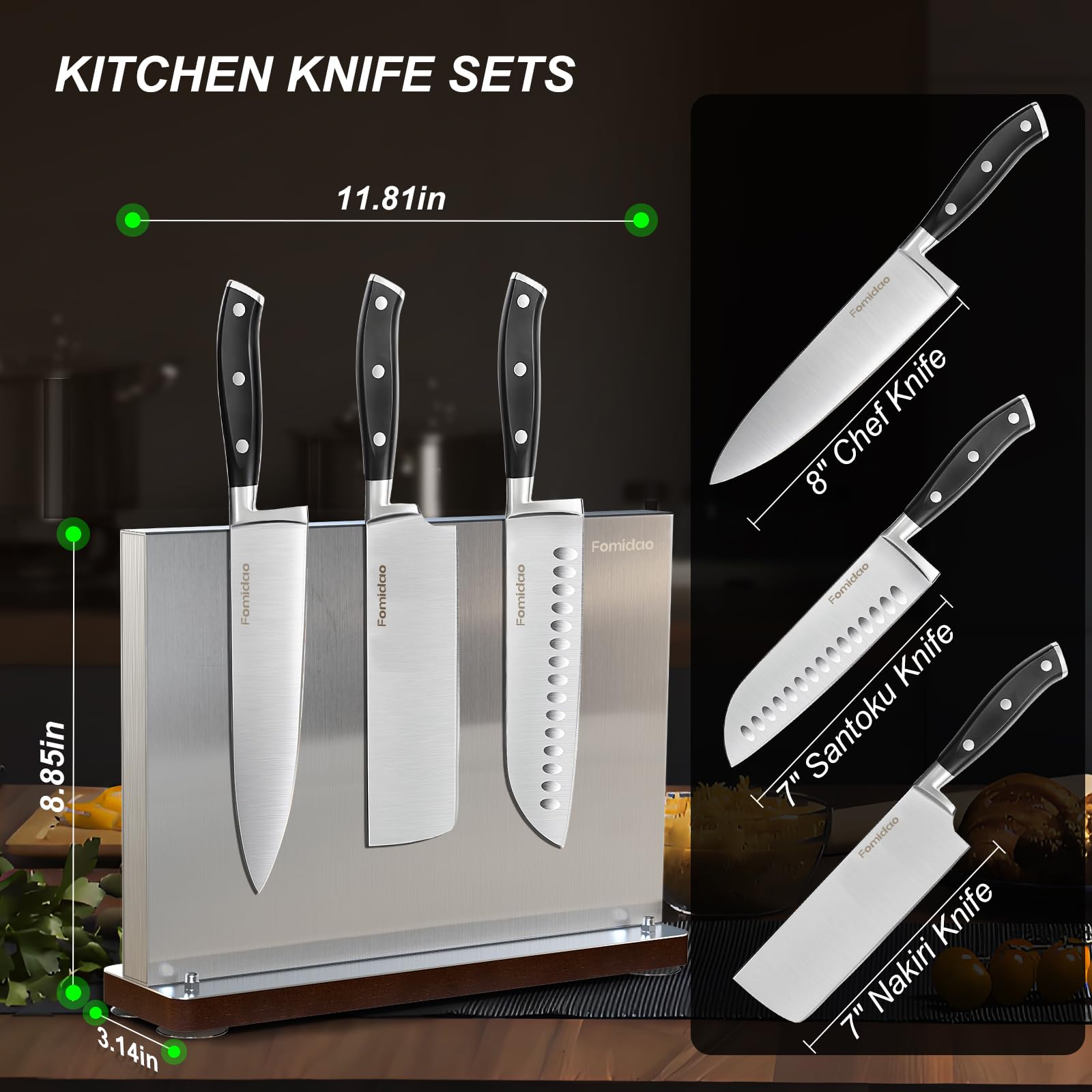 Fomidao Kitchen Knife Set with Magnetic Knife Block 4 Pieces,Double-sided Mangetic Knife Holder With High Carbon Stainless Steel Knife Set,Professtional Kitchen Chef Knives Set With Block 6