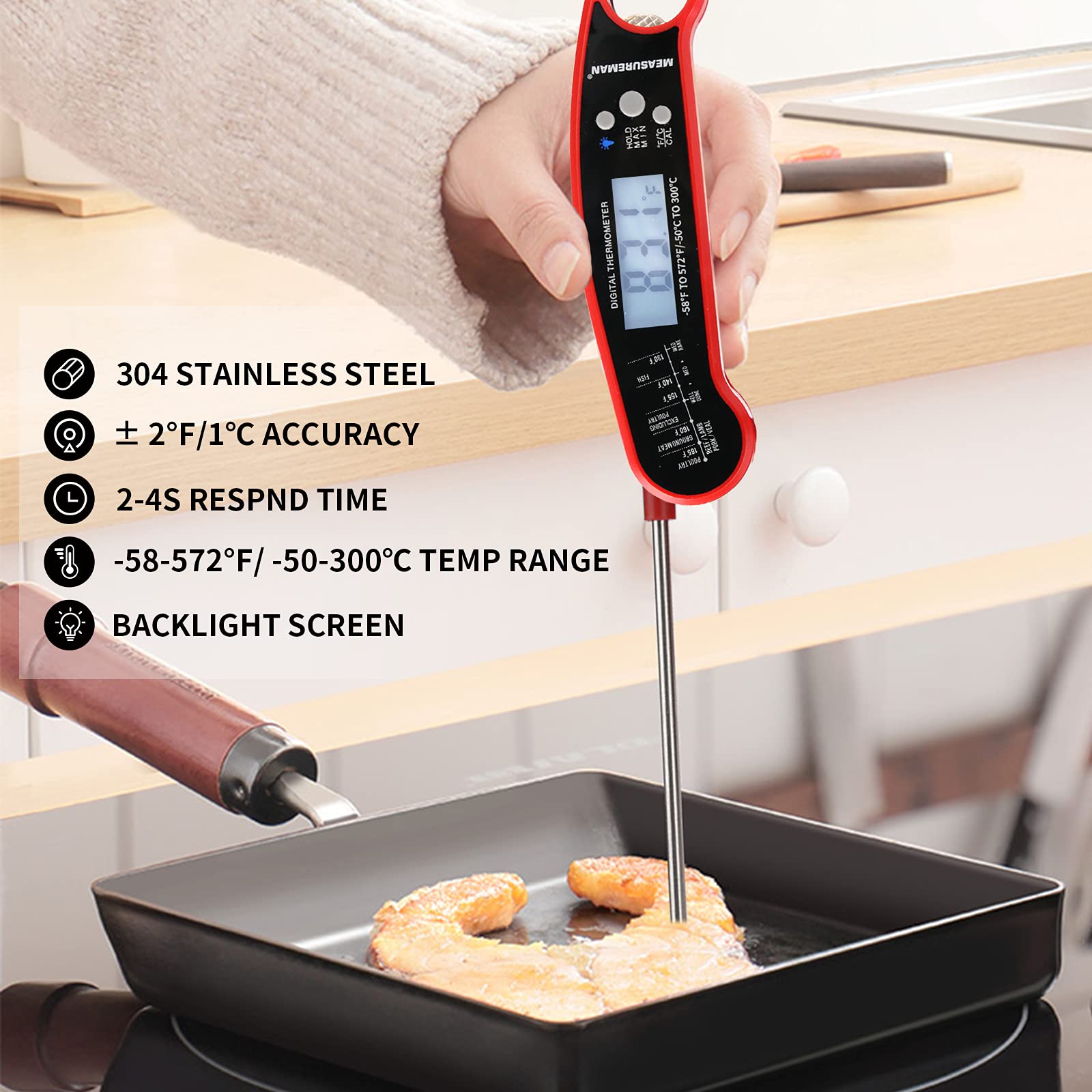 MEASUREMAN Digital Meat Thermometer Instant Read Waterproof Food Thermometer BBQ for Kitchen Outdoor Cooking Grill Candy BBQ Thermometer with Backlight Magnet Calibration Thermometer 5