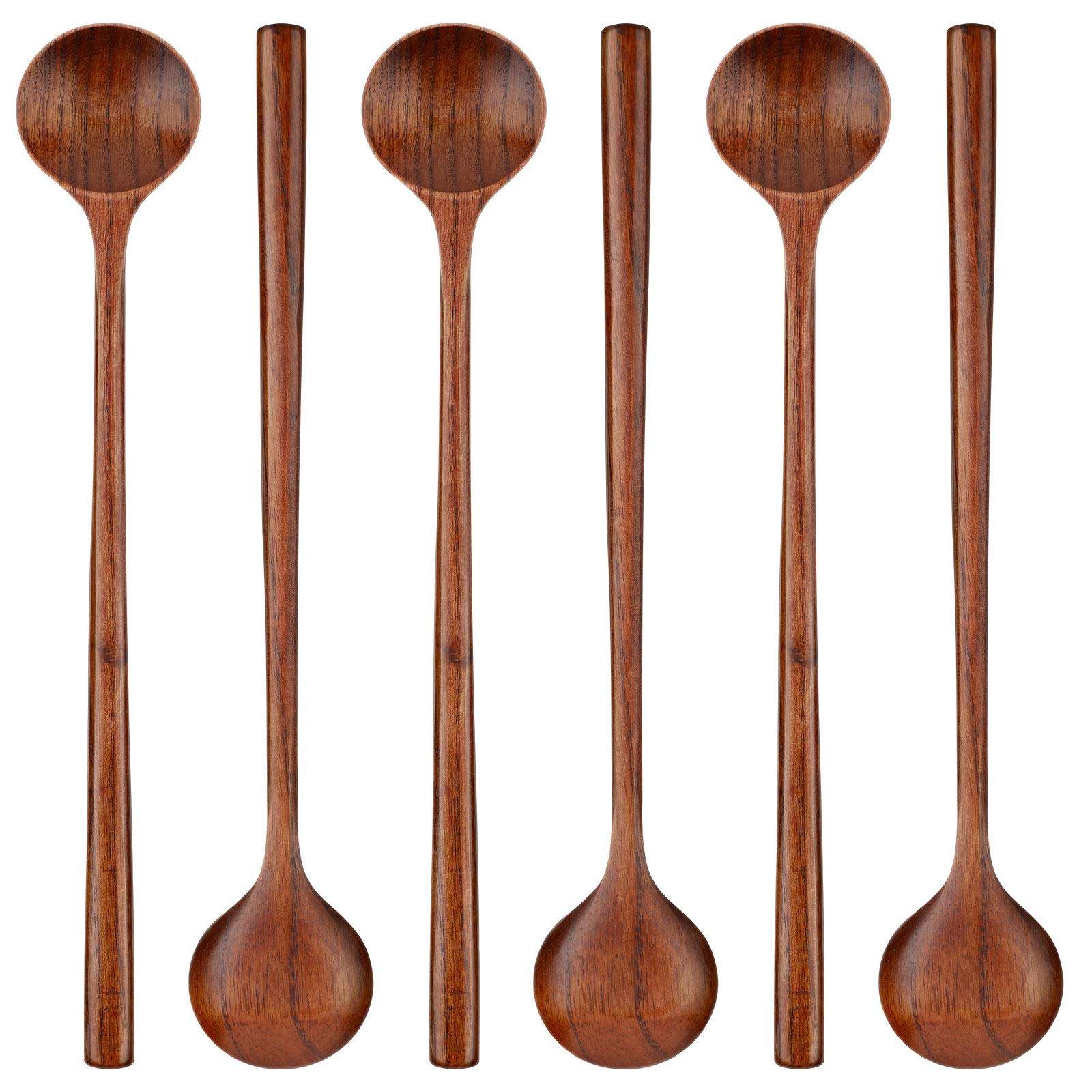 Patelai 6 Pcs 11 Inch Wood Long Spoons Wooden Long Handle Round Scoops Korean Style Soup Spoons for Soup Cooking Mixing Stirring Kitchen Tools Utensils(Brown) 1