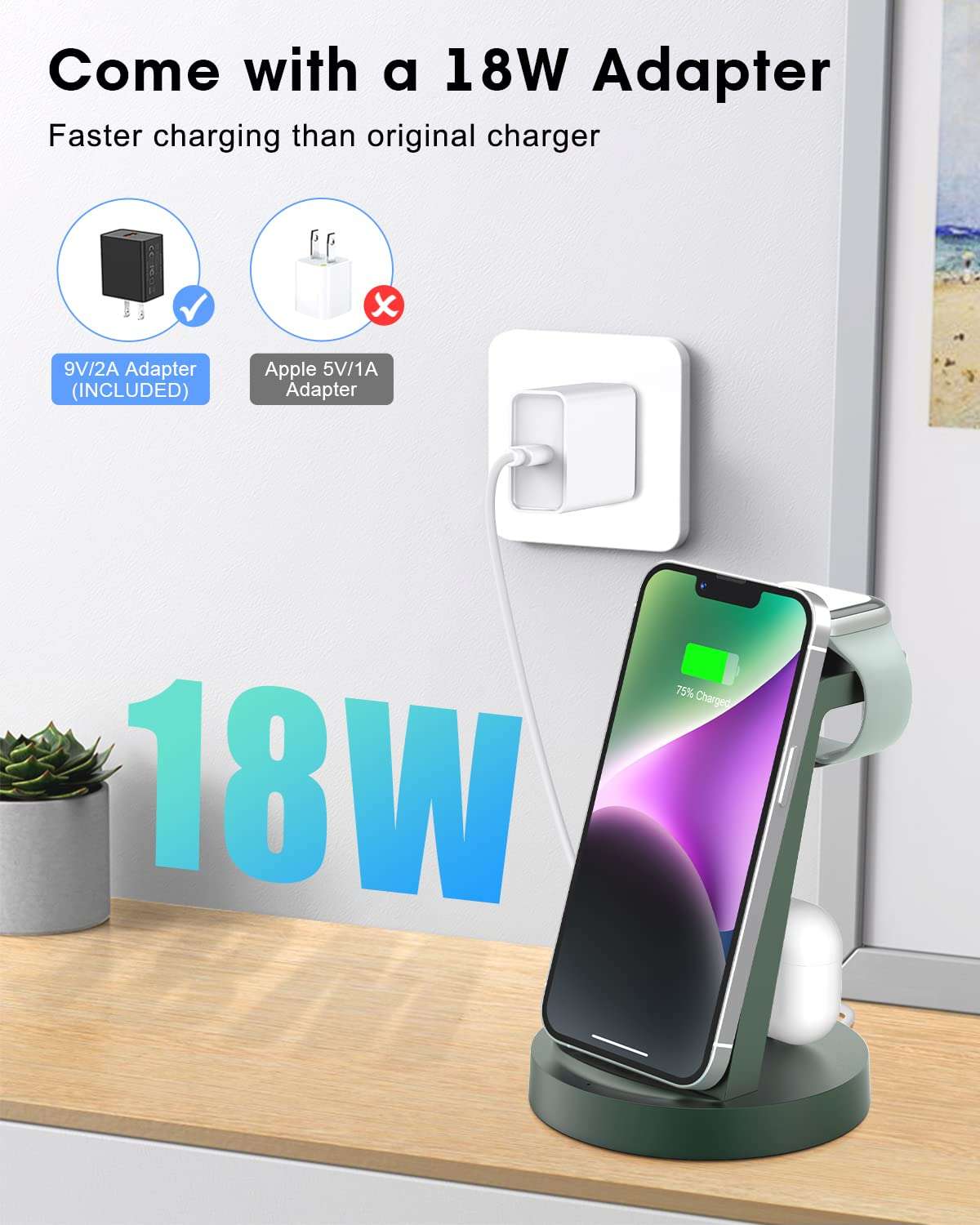 3 in 1 Charging Station for Apple - Wireless Charger for iPhone 15 14 13 12 11 Pro X Max XS XR &8 Plus - Fast Wireless Charging Dock Stand for Apple Watch Series 8 7 6 SE 5 4 3 2 & Airpods 6