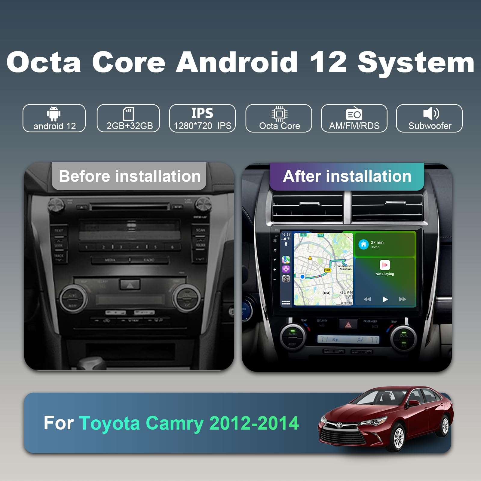 FIUFUL Android Car Radio Stereo for Toyota Camry 2012 2013 2014 with Wireless CarPlay/Android Auto, 8 Core HD Touchscreen Car Radio with AM/FM/RDS Backup Camera WiFi, 2G RAM+32G ROM (8 Core) 2