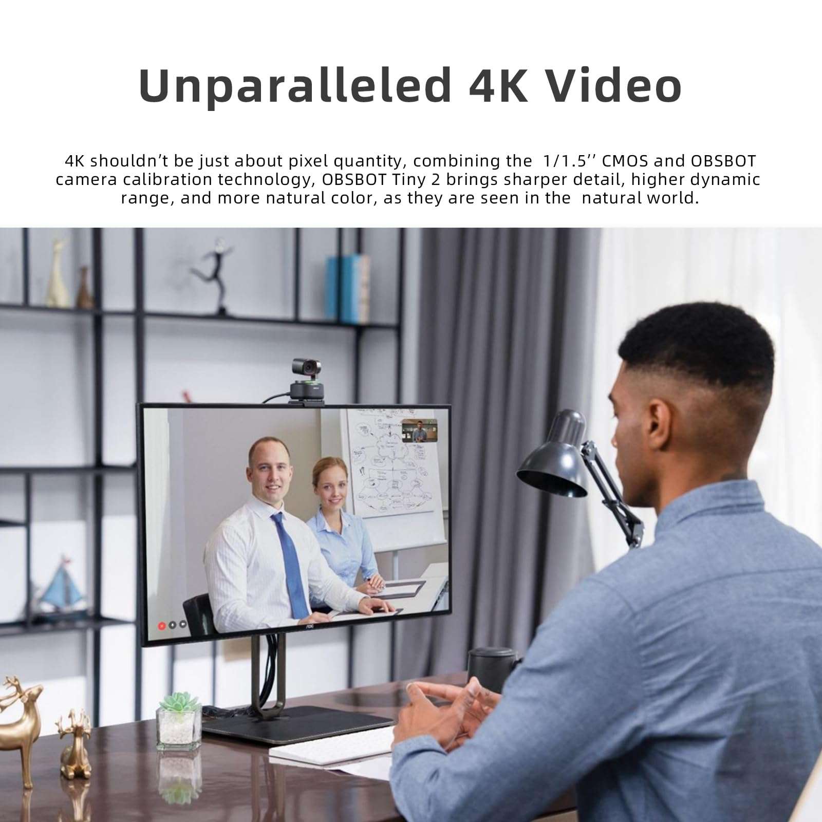 OBSBOT Tiny 2 AI-Powered PTZ 4K Webcam 1/1.5" CMOS 4X Faster Focusing USB 3.0 10x Faster Data Transmission Voice Control, W Tiny Smart Remote 2 3