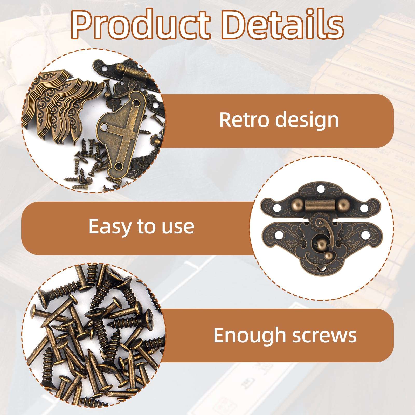 122PCS Vintage Bronze Hinge for Furniture Decoration, Antique Engraved Latch Hasp Hinges for Jewelry Box Decoration, Box Corner Protectors Hardware Kit/Wooden Box Jewelry Right Hook Hinges 5