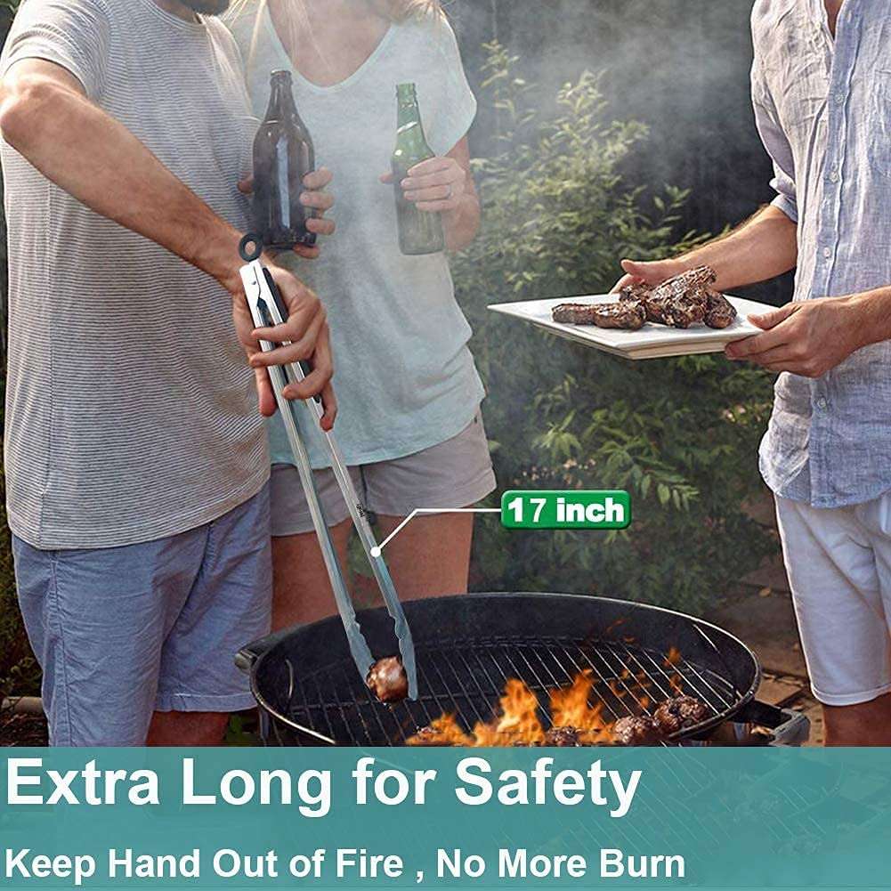 BBQ Tongs for Grilling, 17" Long Kitchen Cooking Stainless Steel Heavy Duty Locking Grill Tongs with Soft Grip Silicone Handle 6