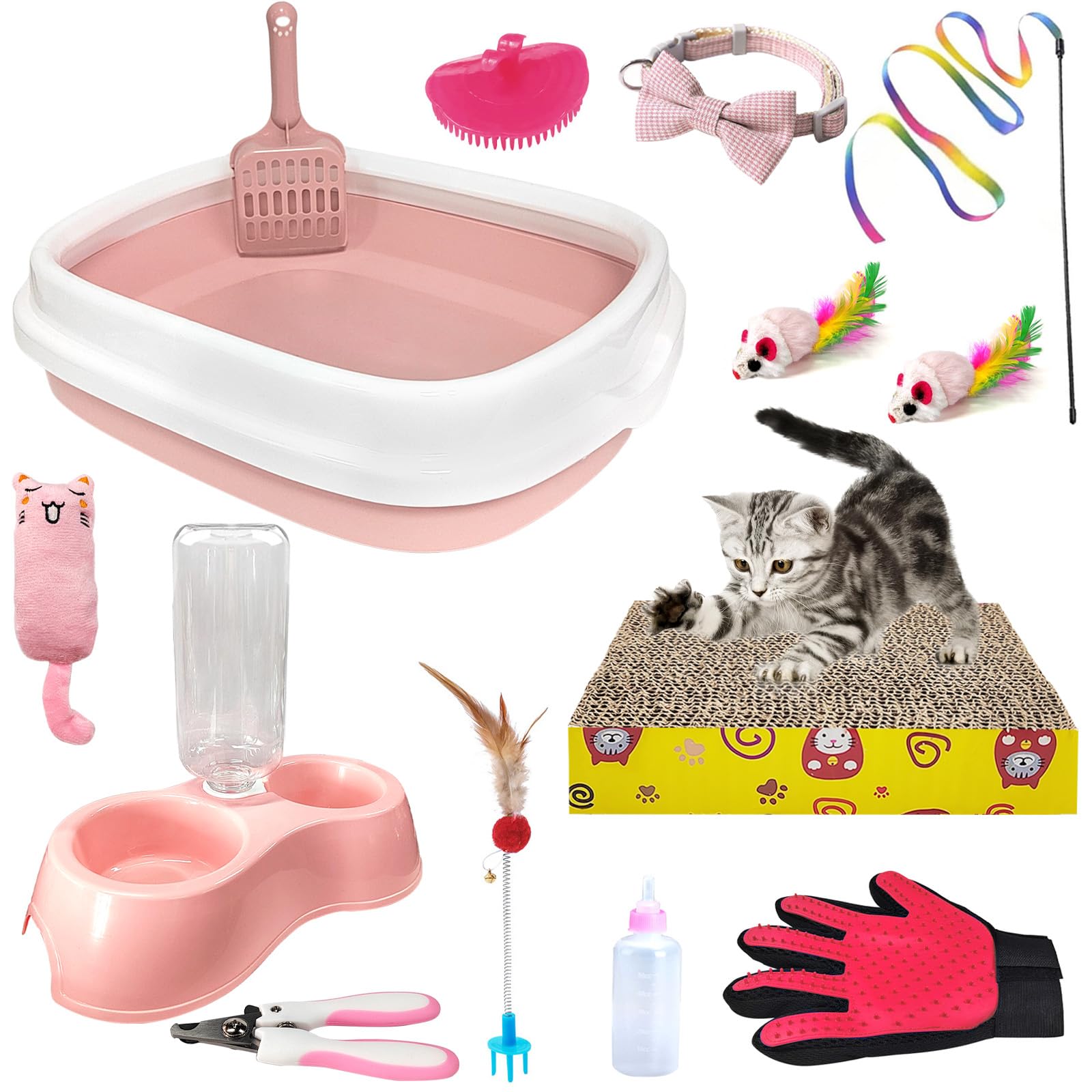 Hlimior Kitten Starter Kit, 15-Piece Cat Essentials Set Includes Litter Box, Toys, Collars, Scratch Pad, Nail File, Automatic Feed Bowls, Grooming Gloves (Pink)