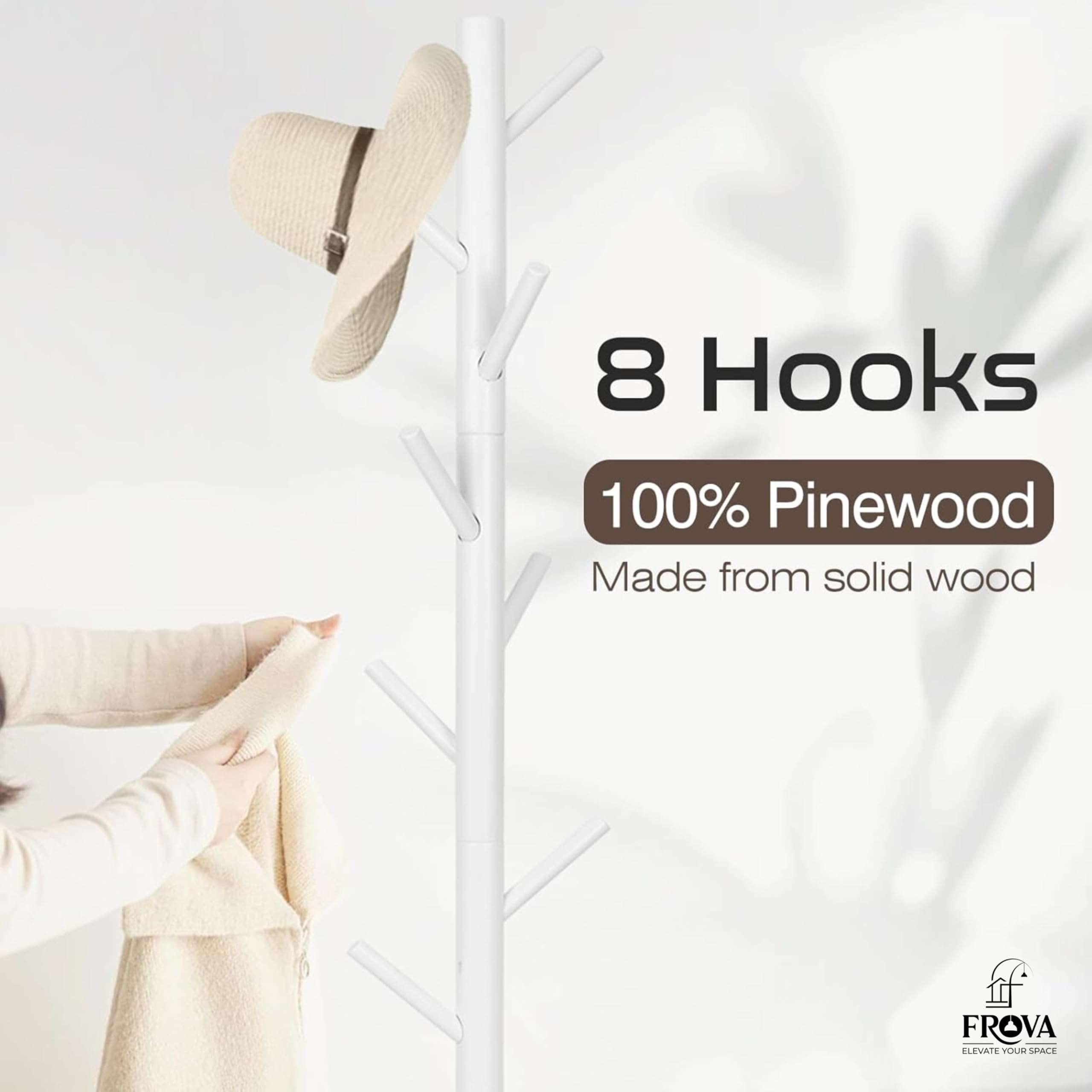 FROVA Wooden Clothes Hanging Stand with 8 Hooks | Free Standing Coat Hanger for Home | Ideal for Coats, Hats, Bags & Scarves | Cloth Stand for Bedroom | 9x9x68 inch, 1 Piece (White) 5