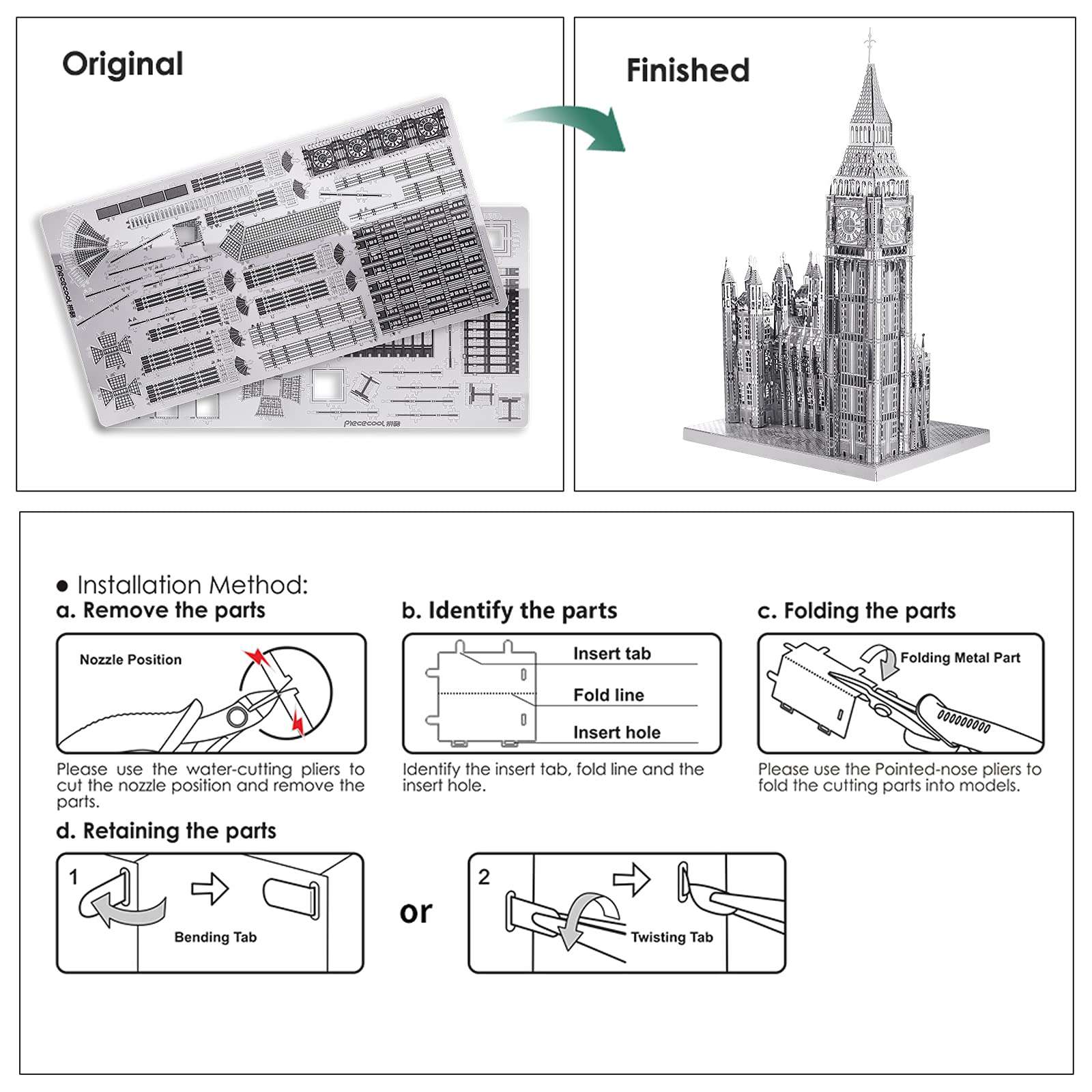 Piececool 3D Puzzles for Adults Metal Big Ben Model Kit, The Clock Tower London Architecture Building Kit, STEM Toys for Teens Boys, Great Halloween, 49Pcs Silver 6