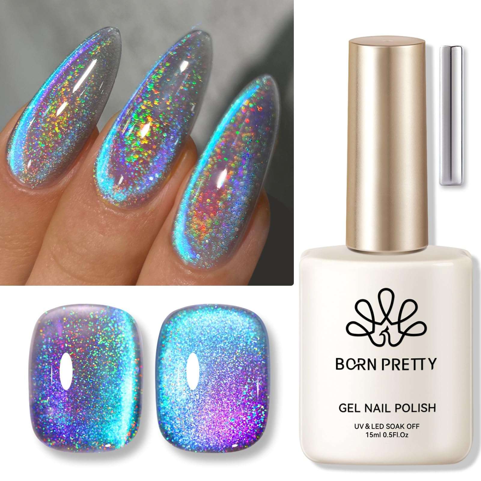 Born Pretty 9D Cat Magnetic Eye Gel Nail Polish, Rainbow Laser Holographic Blue Purple Gel Polish, Soak Off U V LED Gel Polish Nail Art Design Manicure Salon DIY Home 15ML 1