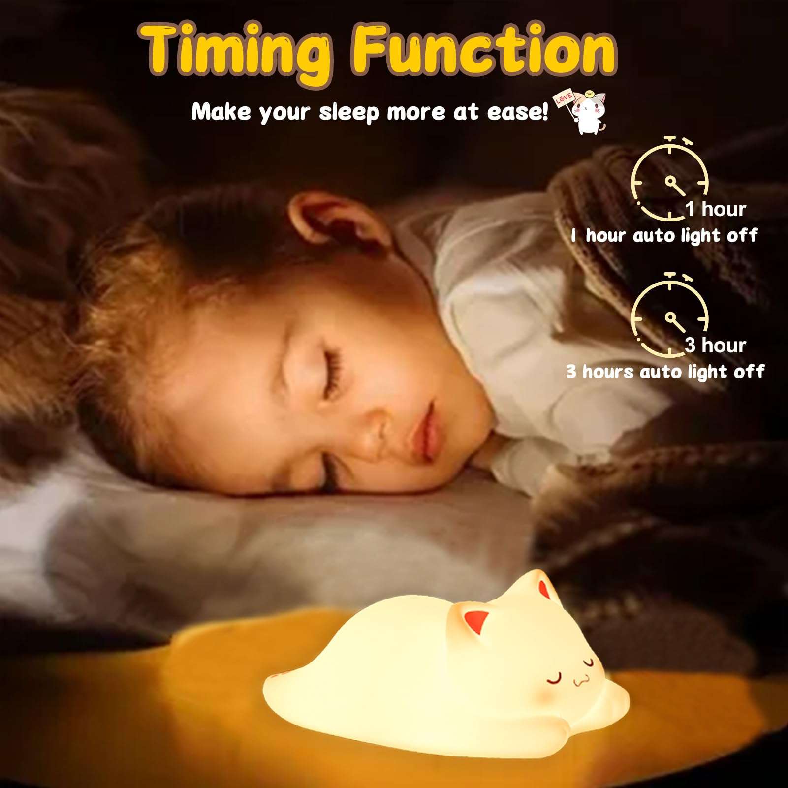 Tremdwoto Cat Night Light for Kids,Cute Colorful Night Light Baby Girl Squishy Night Light Lamp 1/3 Hour Timer Kitty Light Dimmable Nursery Lamp Nightlight (cat -Sleeping) 5