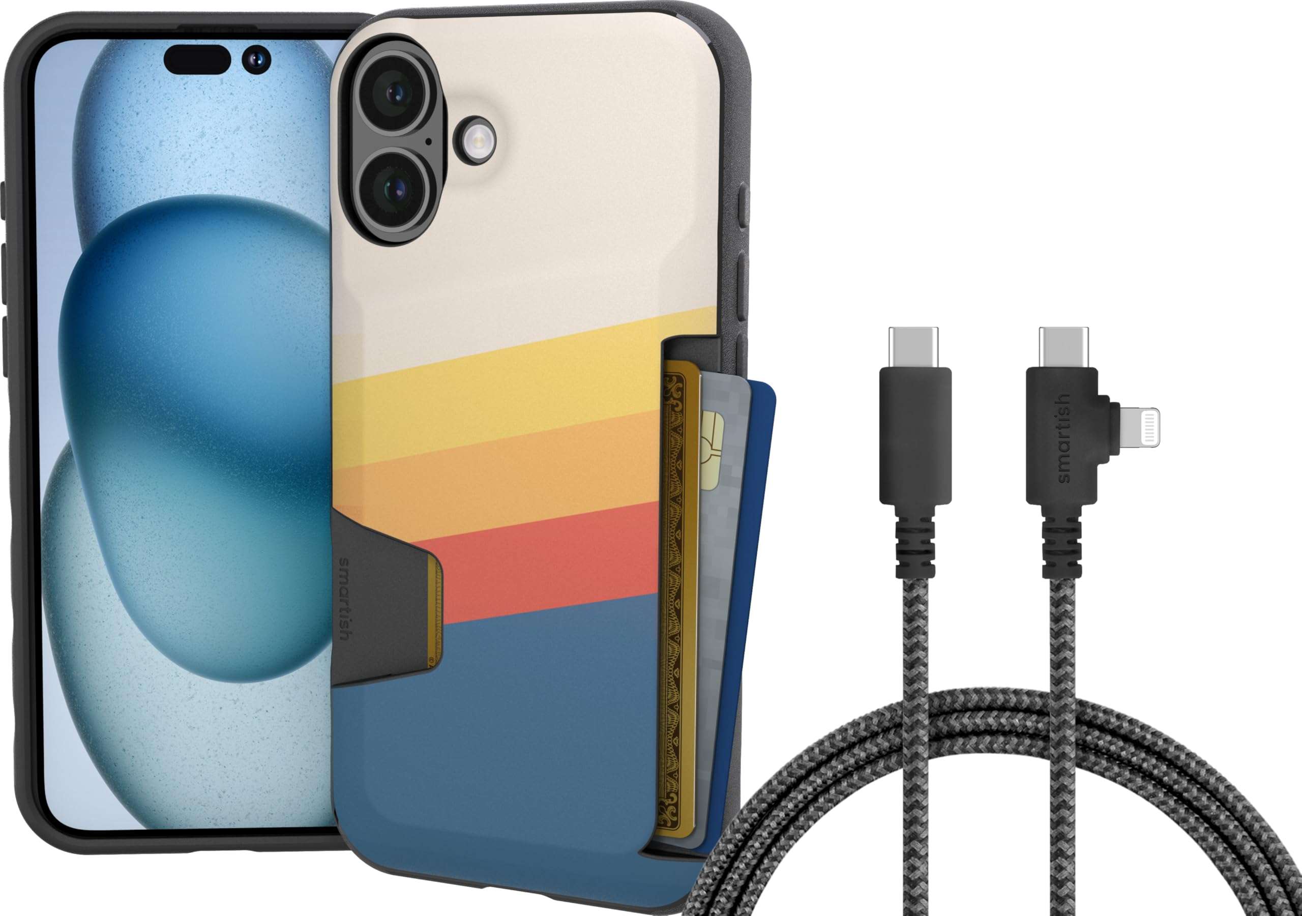 Smartish iPhone 16 Plus Wallet Case + USB C Lightning Cable Combo - 6 Foot Fabric Wrapped Fast Charging Cable + Hidden Card Slot Cover Compatible with Apple iPhone 16 Plus 1
