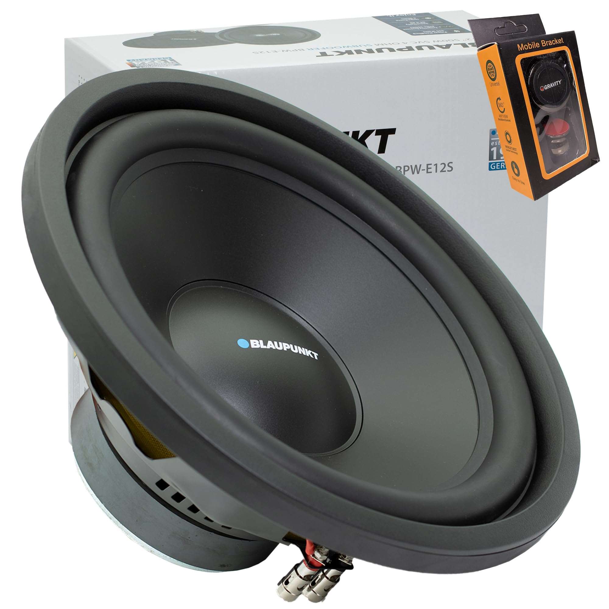 BLAUPUNKT BPW-E12S 12-Inch 500W Peak SVC Car Subwoofer with Deep Bass, Injection Molded PP Cone, and Easy Installation Bundle with Gravity Magnet Phone Holder 1
