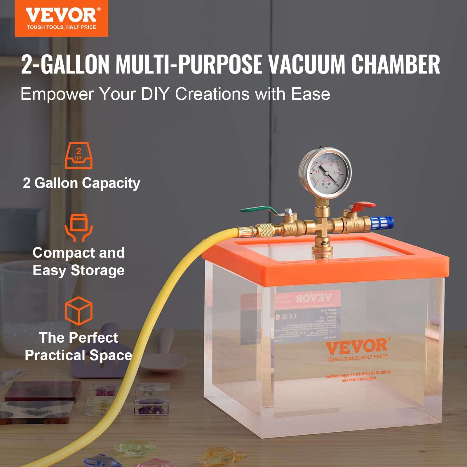 VEVOR 2 Gallon Vacuum Chamber, Upgraded Multipurpose Acrylic Vacuum Degassing Chamber, Transparent Vacuum Chamber, for Resin Degassing, Silica Gel Degassing 2