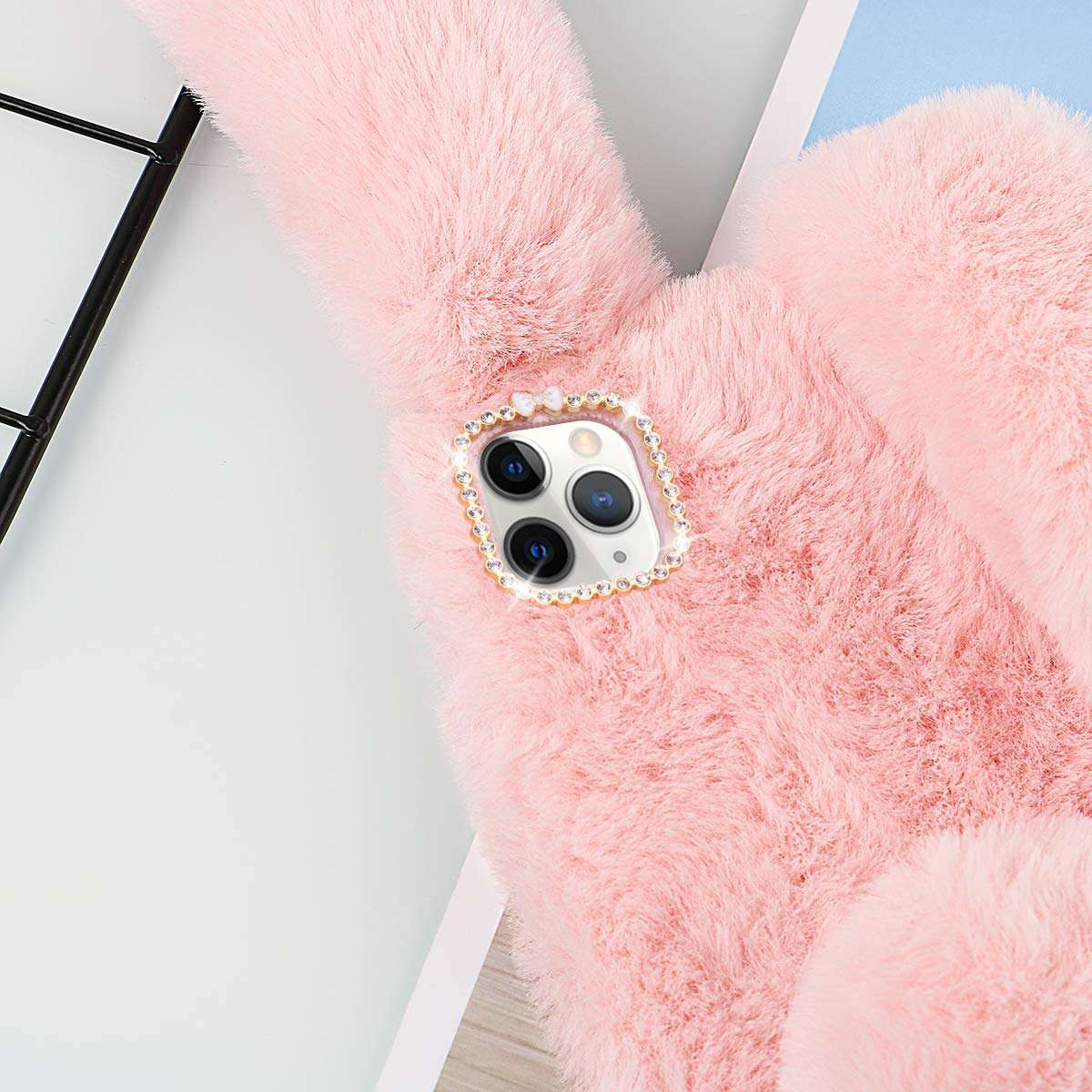 Fluffy Bunny Plush Phone Cover Pink for 11 Pro, Cute Warm Furry Fur Stuff Animal Rabbit Phone Case for Girls, Fashion Woman Protective Cover for 11 Pro 2