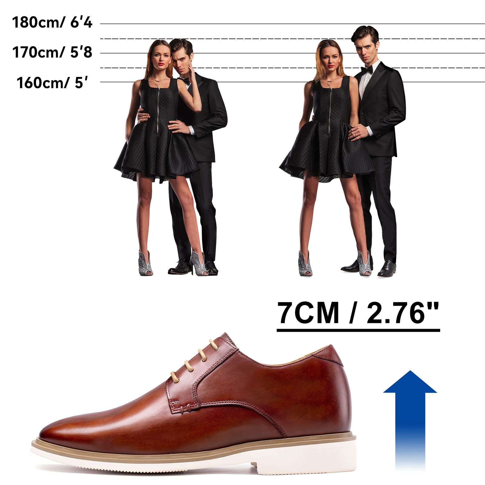CHAMARIPA Men's Height Increasing Derby Shoes, Genuine Calfskin Leather Elevator Shoes That Make You 7 CM / 2.76 Inches Taller, Brown, H3D209B0031D, size11.5. 5