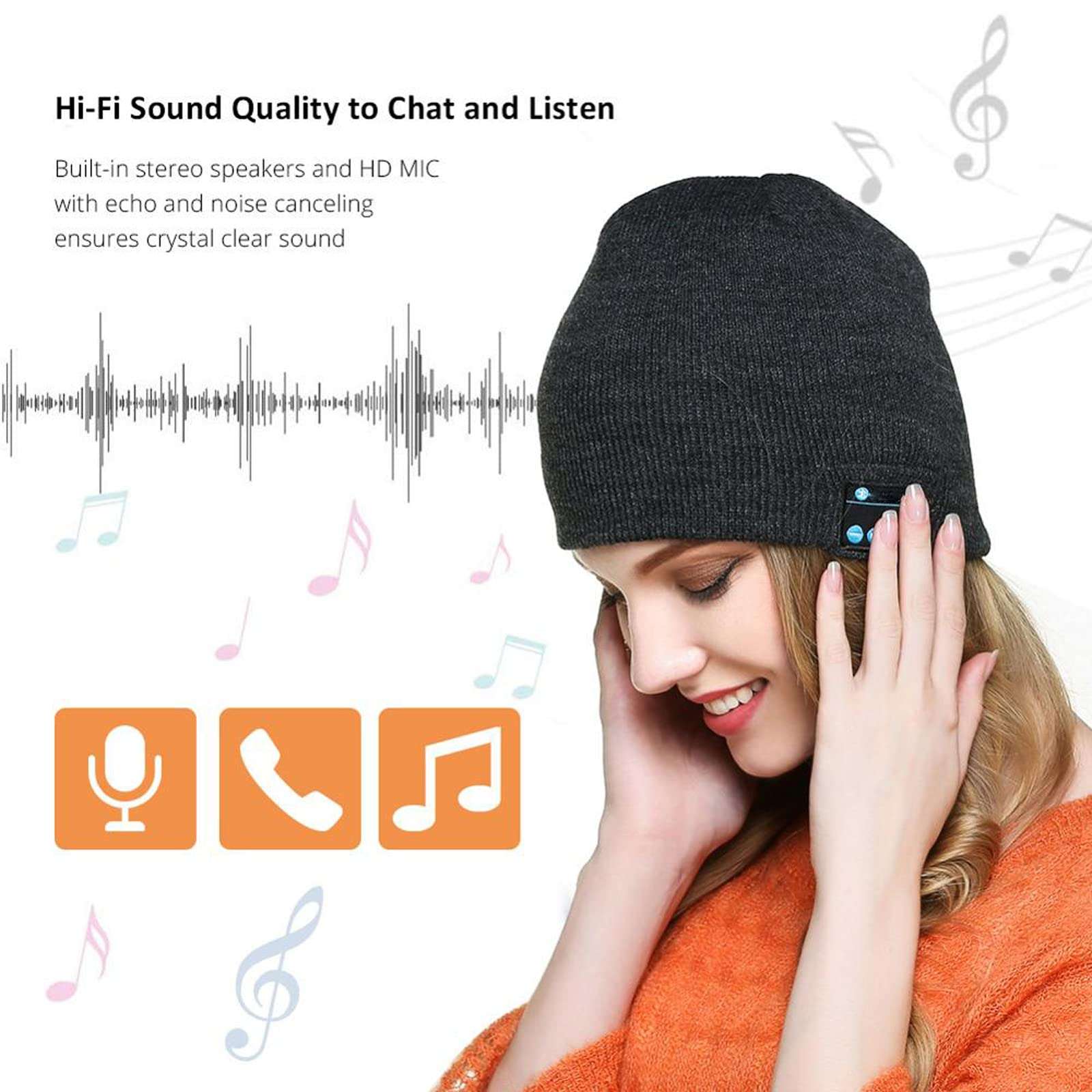 Bluetooth Beanie Bluetooth 5.0 Wireless Winter Music Hat w/Built-in Stereo Speaker and Mic, Unique Christmas Tech Gag Gifts for Boyfriend/Men/Women/Mom/Dad/Christmas Stocking Stuffers Birthday Unisex 5