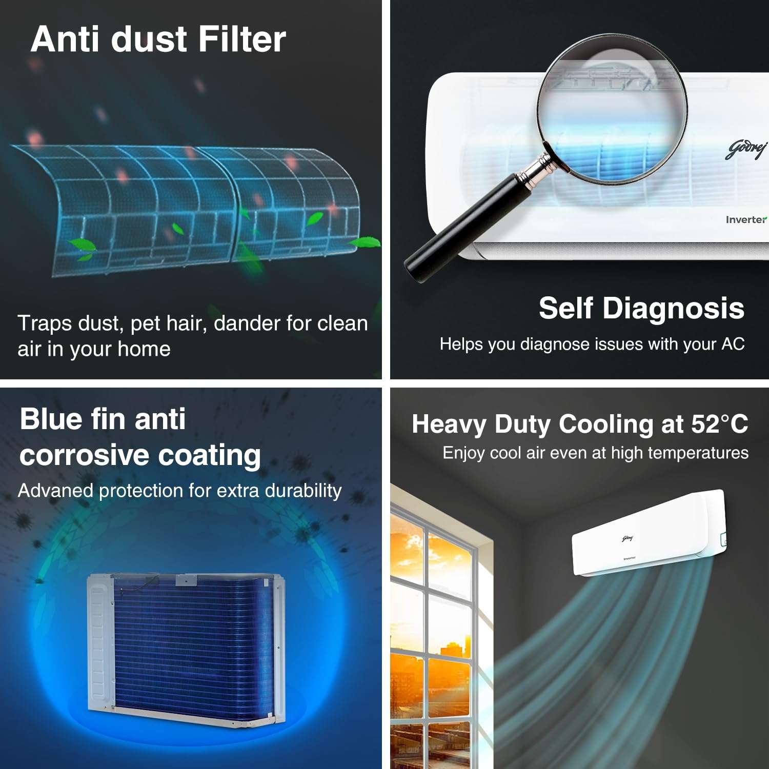 Godrej 1.5 Ton 3 Star, 5 Years Comprehensive Waranty, 5-In-1 Convertible Cooling, Inverter Split AC (Copper, Heavy-Duty Cooling at 52 Deg Celcius, 2024 Model, AC 1.5T EI 18NINV3R32 WYE, White) 5