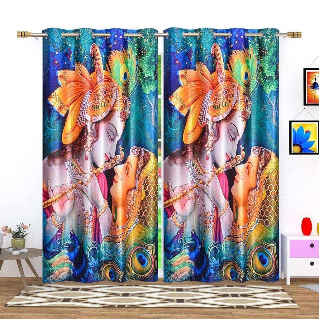 VJK FAB 3D Digital Printed Heavy Fabric Radha Krishna Kanha God Design Curtains for Pooja Room, Temple, Mandir, Home 4x5 feet Long Curtains Set of 1 Pc 4
