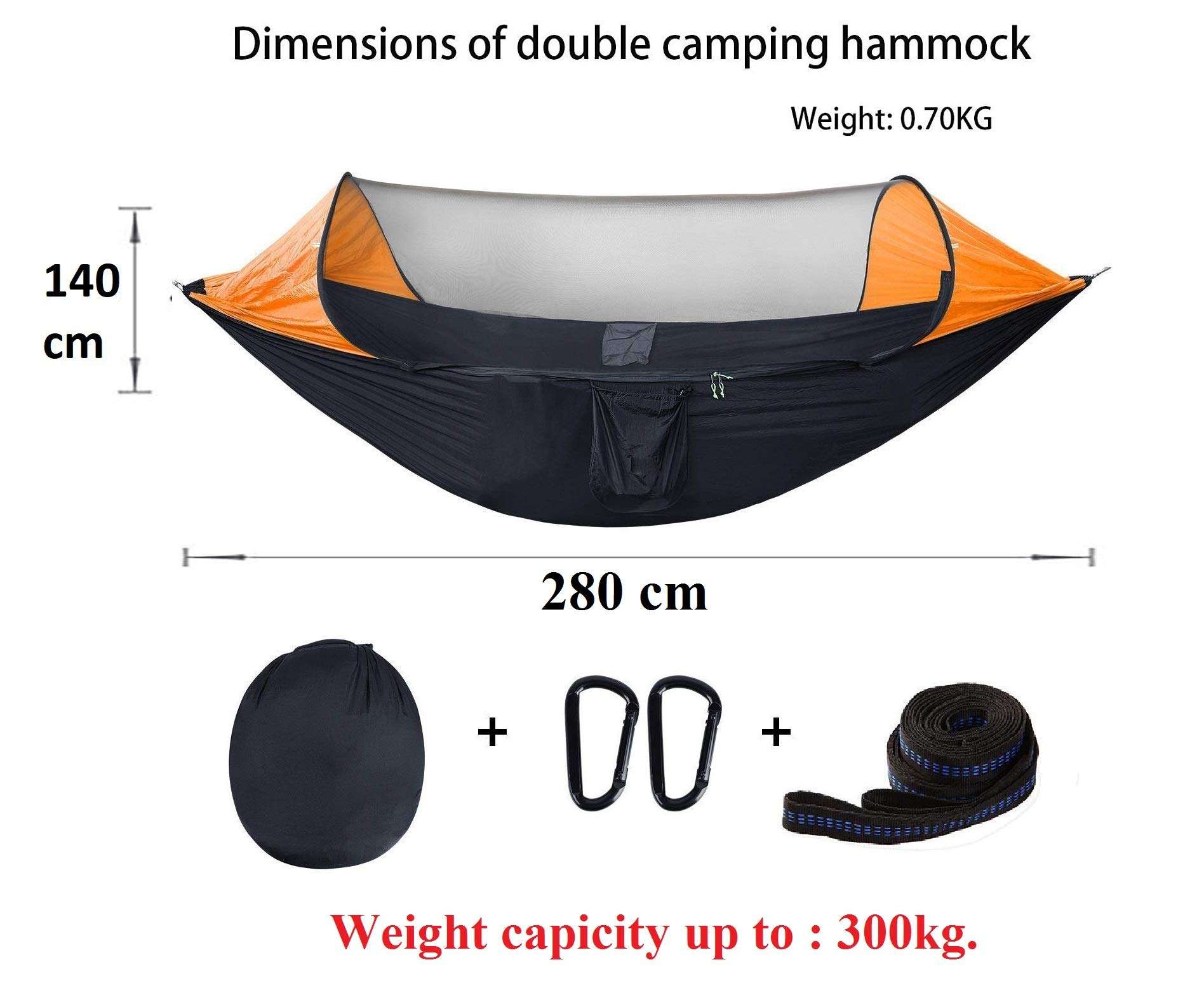 DOLPHY Portable Nylon Camping Hammock with Mosquito Net (Black, Orange ) 3