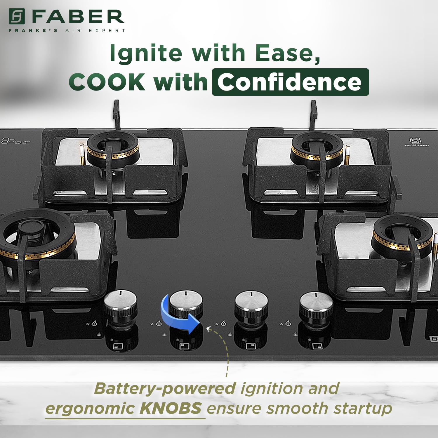 Faber 4 Burner HCT 65 cm Hob| Brass Burners| Bakelite Knobs| Cast Iron Pan Support | Hob/Cooktop Hybrid Toughened Glass |Auto Ignition| 2 Yrs Comprehensive Warranty by Faber| HCT 654 CRR LBK EI AI 4