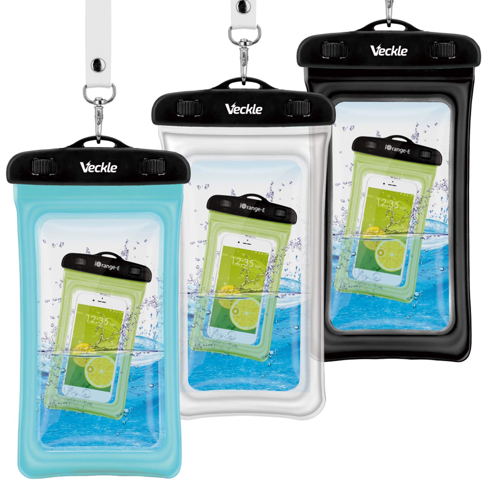Waterproof Phone Pouch, Veckle 3 Pack Clear Universal Water Proof Cell Phone Pouch Floating Dry Bag Waterproof Case Beach Bag for Smartphones Black White Blue 1