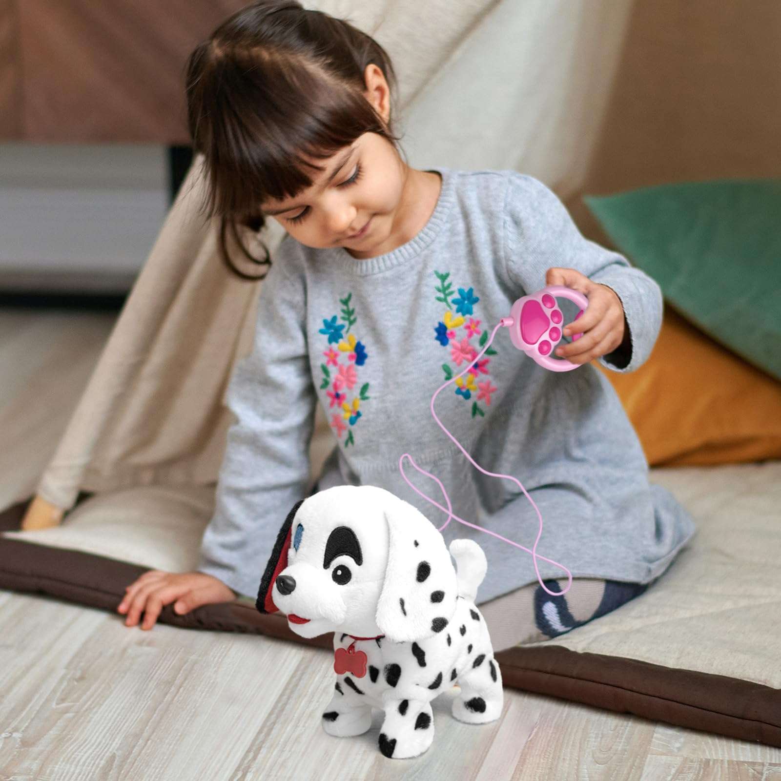 YH YUHUNG Walking Dalmatian Puppy with Remote Control Leash - Realistic Barking, Wagging Tail, and Head Nodding Actions - Interactive Plush Toy Electronic Pet Dog for Kids 5