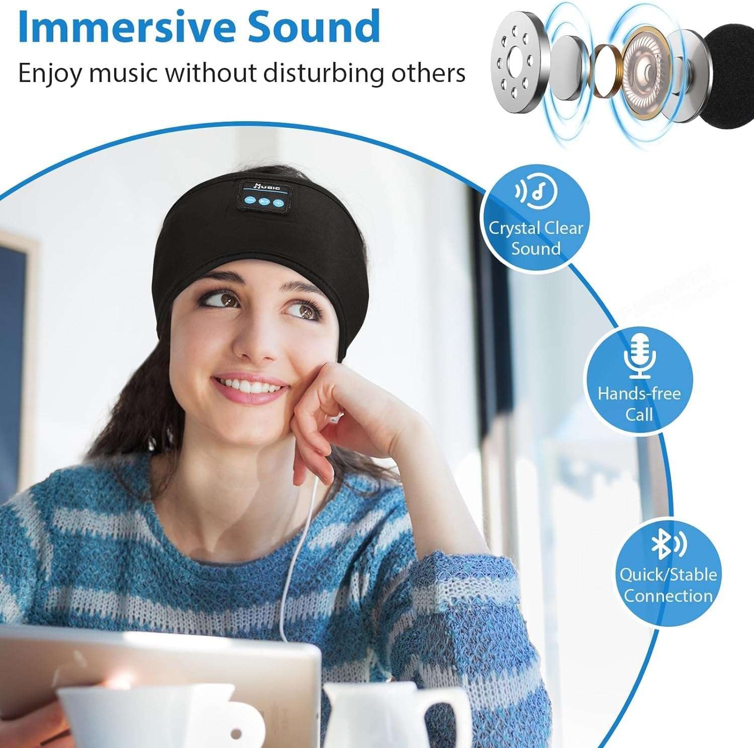 ZRUHIG 2PCS Adjustable Headband Headphones, Sleep Headband, Sleeping Headphones, Bluetooth Headband with Thin Speakers Mic for Men Women, Yoga, Running, Workout, Travel (Grey&Grey) 4