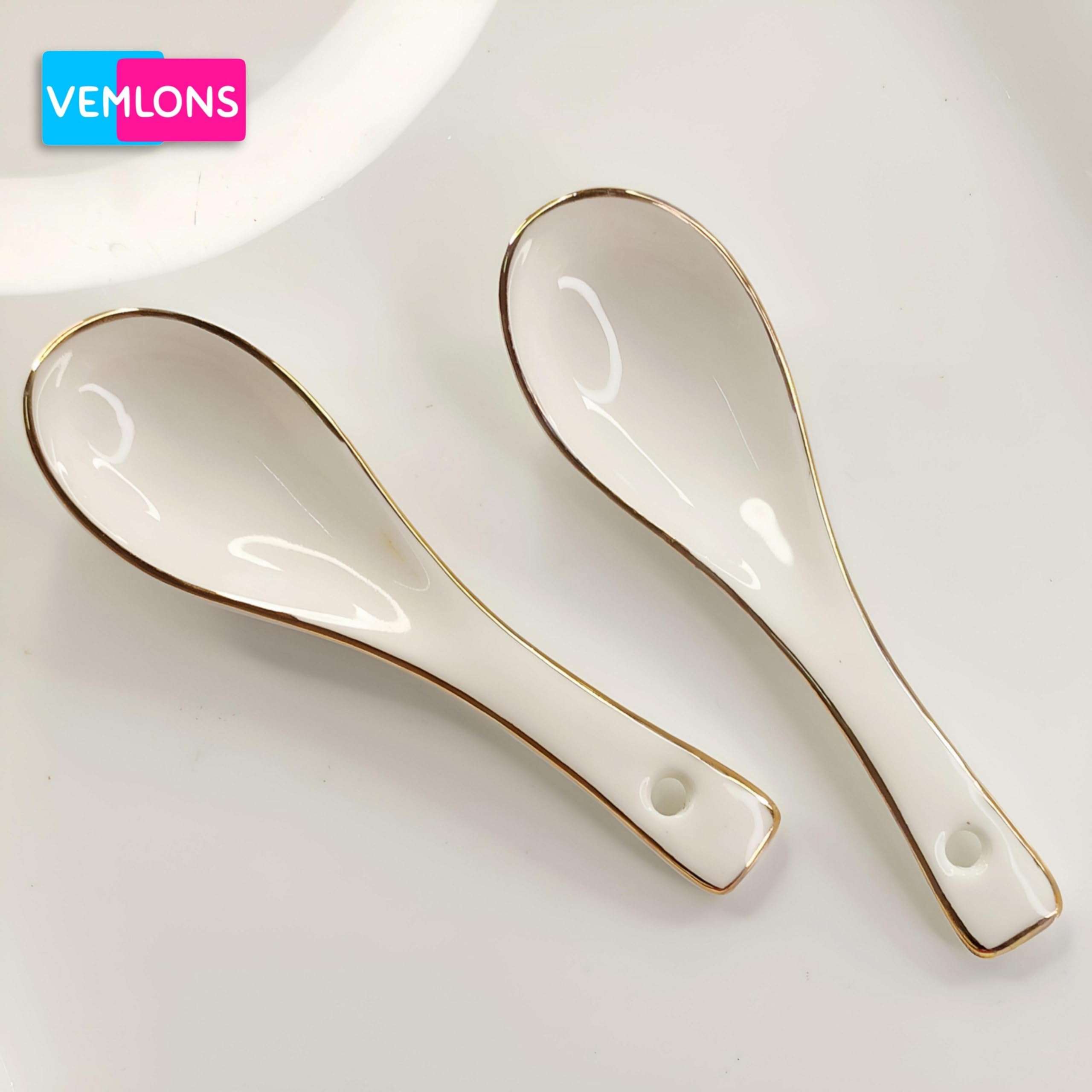 Vemlons Soup Spoons Ceramic Soup Spoon/Ceramic Golden line Soup Spoon Set of 6 Piece Spoon Set 6
