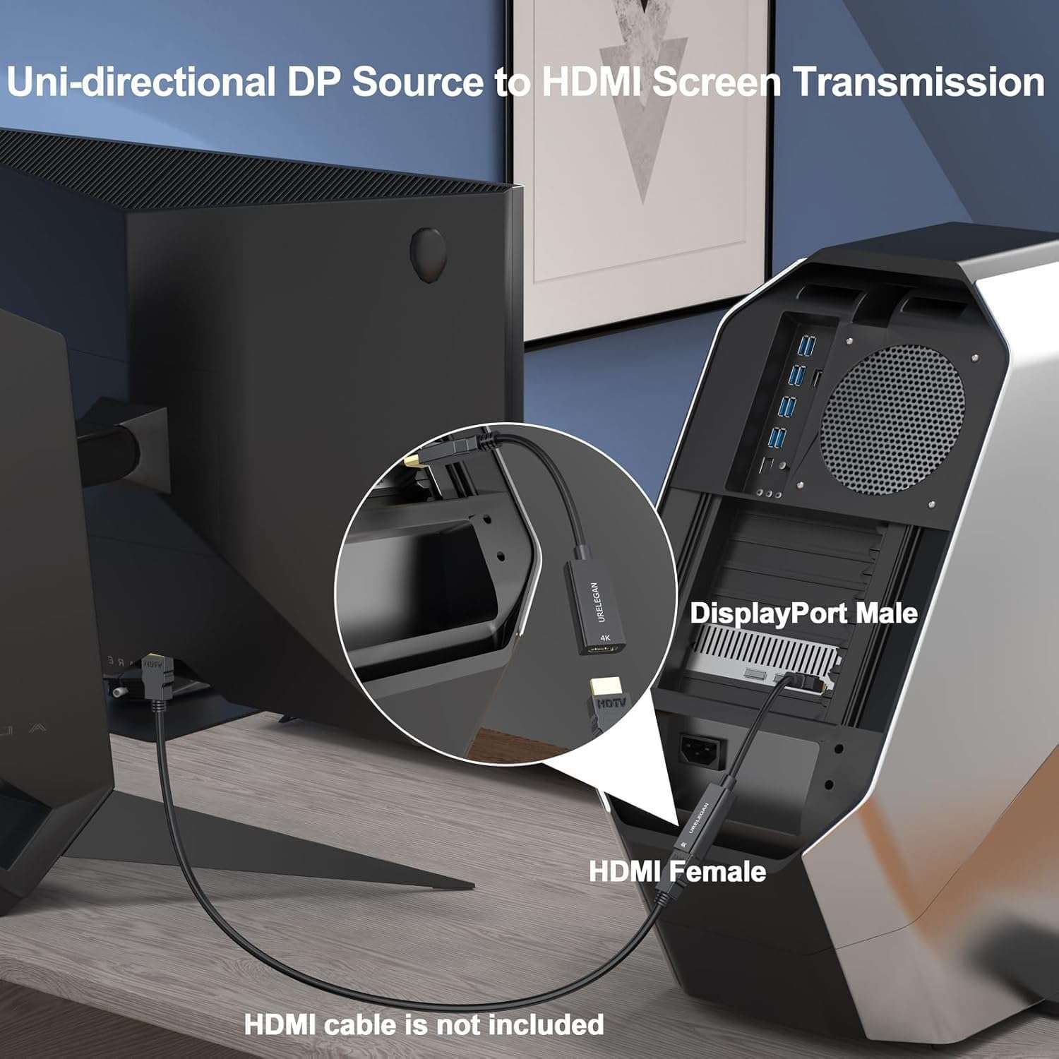 URELEGAN 4K Displayport to HDMI Adapter 5-Pack, 4K UHD Not Bidirectional Display Port DP to HDMI Male to Female Port Support Video & Audio Compatible with Computer, PC, Monitor, Projector, HDTV 3