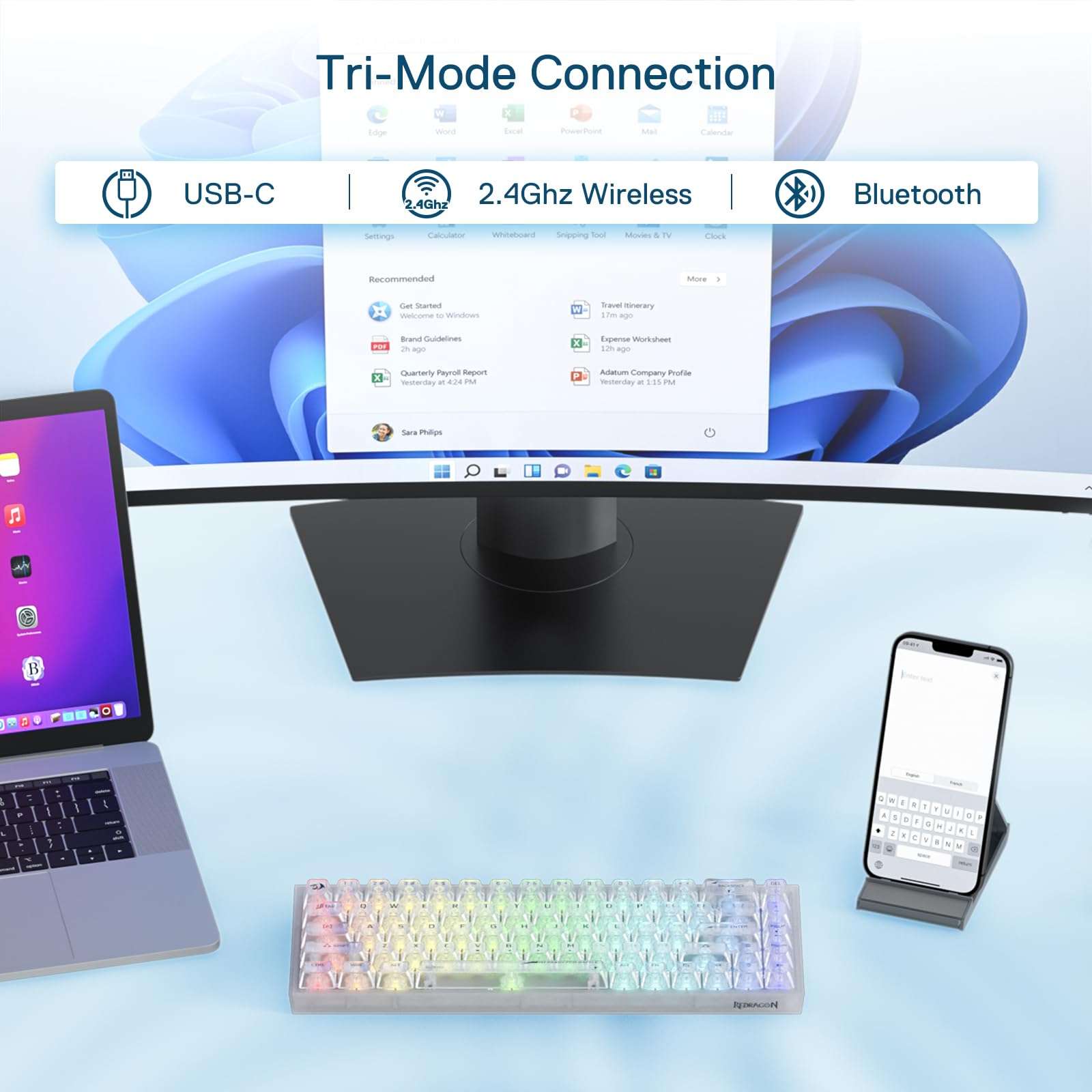 Redragon K631 PRO 65% 3-Mode Wireless RGB Gaming Keyboard, 68 Keys Compact Full-Transparent Mechanical Keyboard w/Hot-Swap Free-Mod PCB Socket, Translucent Custom Switch - White 3