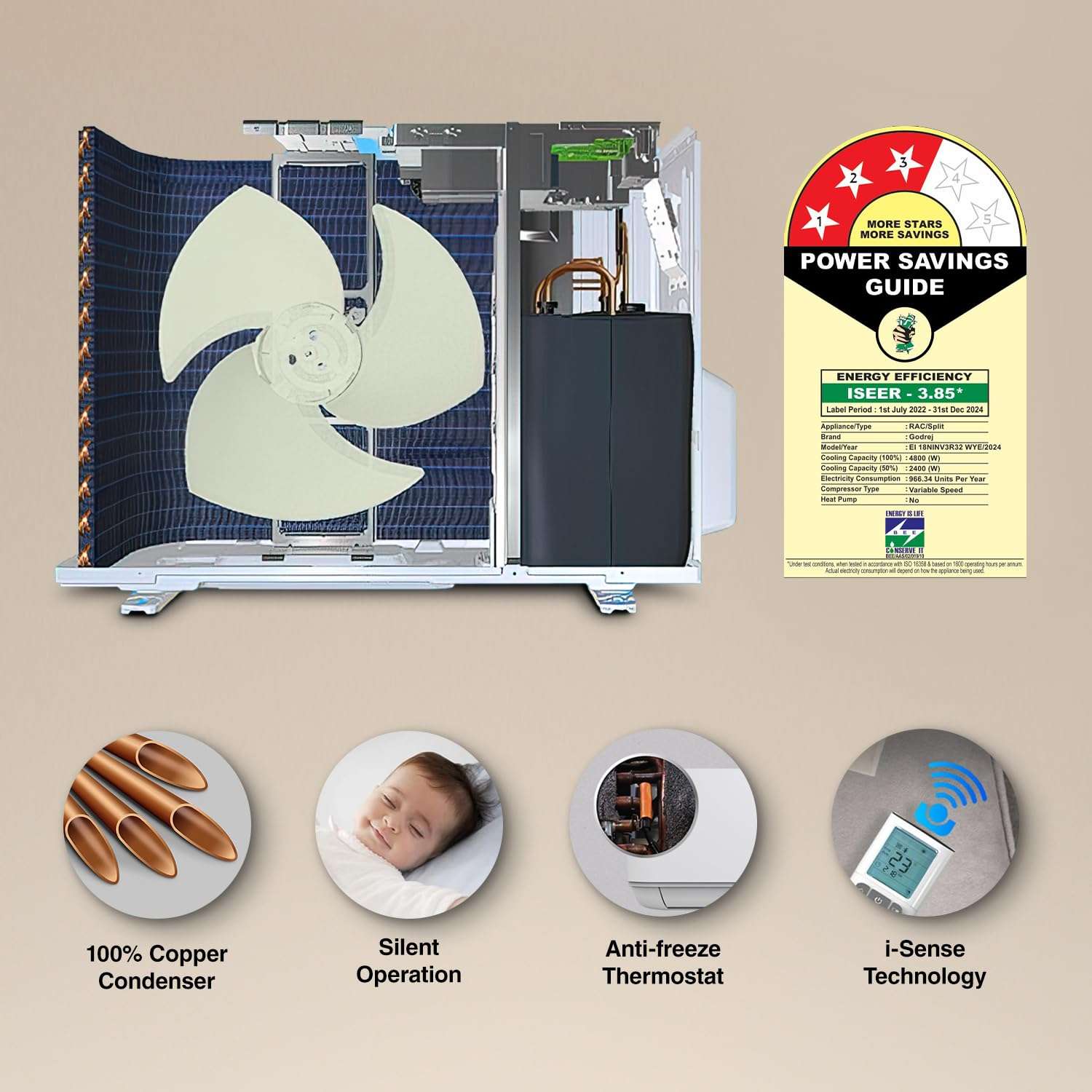 Godrej 1.5 Ton 3 Star, 5 Years Comprehensive Waranty, 5-In-1 Convertible Cooling, Inverter Split AC (Copper, Heavy-Duty Cooling at 52 Deg Celcius, 2024 Model, AC 1.5T EI 18NINV3R32 WYE, White) 4