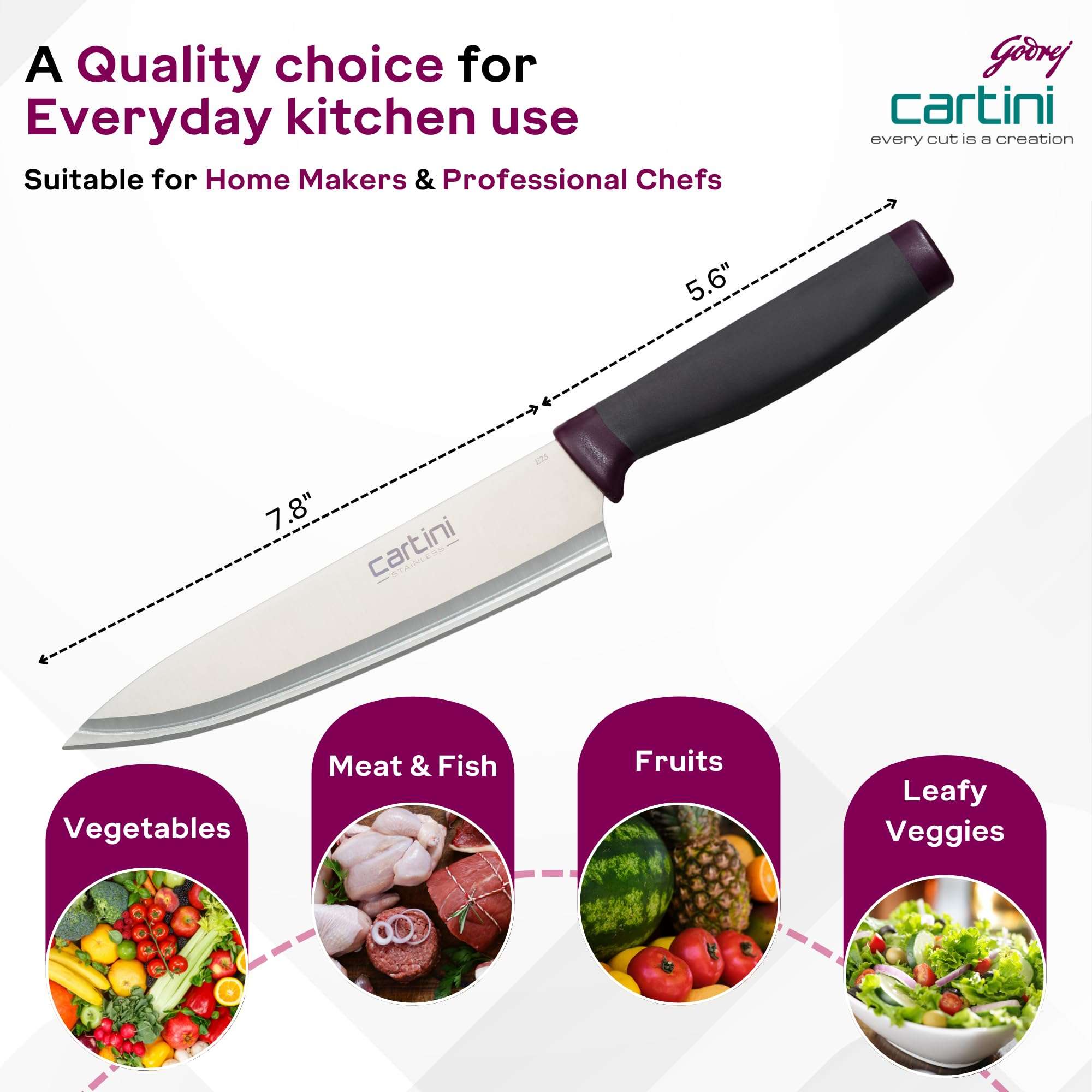 Godrej Cartini | Classic Chef Knife (13 inch) | Soft Grip Handles | for Slicing, Dicing & Chopping of Vegetables & Meat | Chaku for Home Kitchen & Professional Chef | SS420 Blade | 1 Year Warranty 4