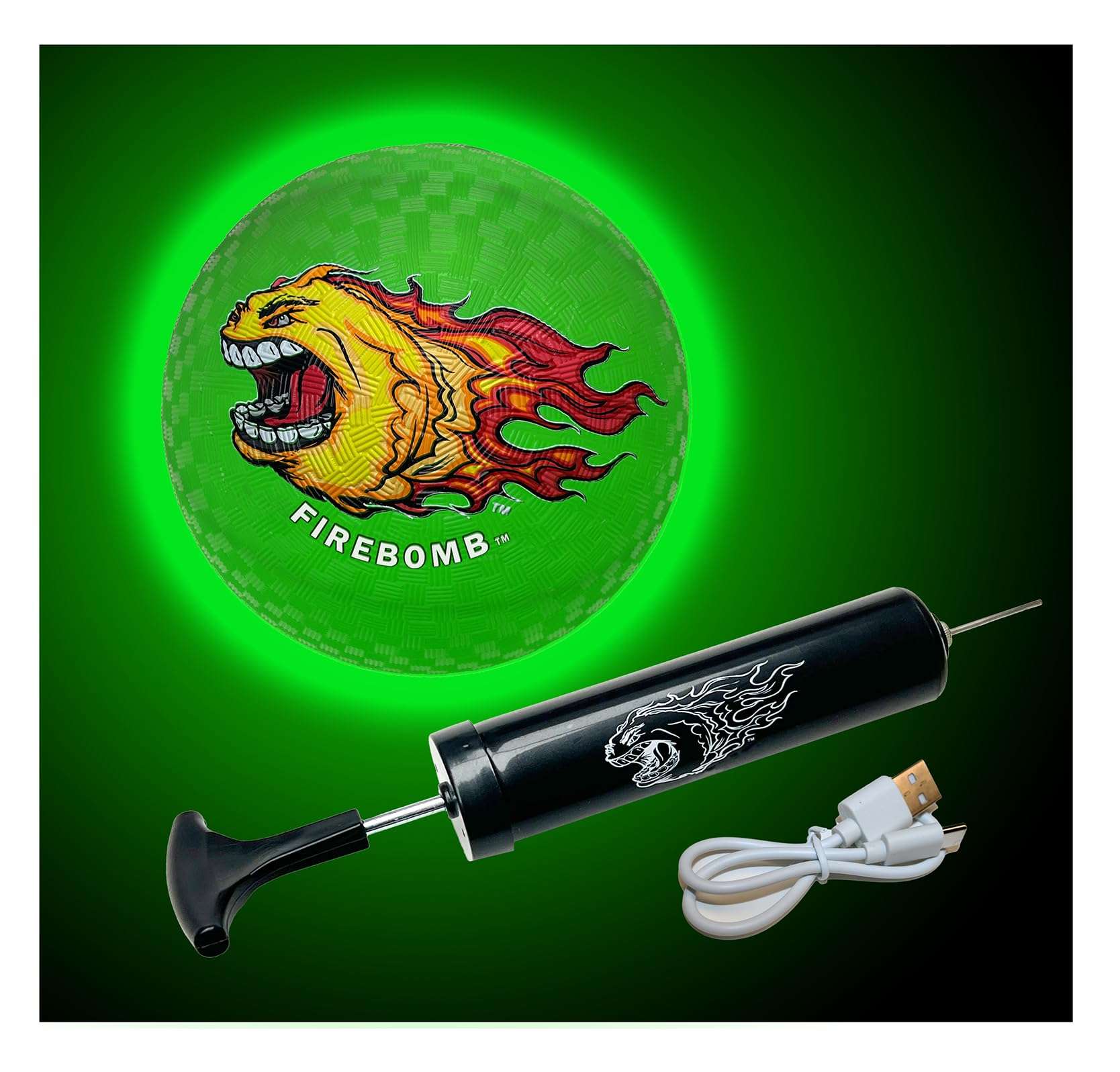 FIREBOMB™ - USB Rechargeable LED - Rubber DodgeBomb™ Playground Ball - 5 inch - Green - Outdoor Fun Four Square Handball Dodgeball Kids Recess Sports Activity 1