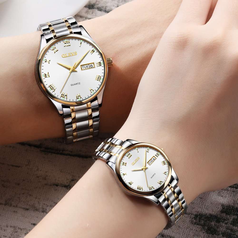 OLEVS Valentines Couples Pair Watches for Men and Women Lovers Romantic Wedding Gifts Set of 2,His and Hers Casual Dress Quartz Day Date Wrist Watch Waterproof Luminous with Stainless Steel Band White 2