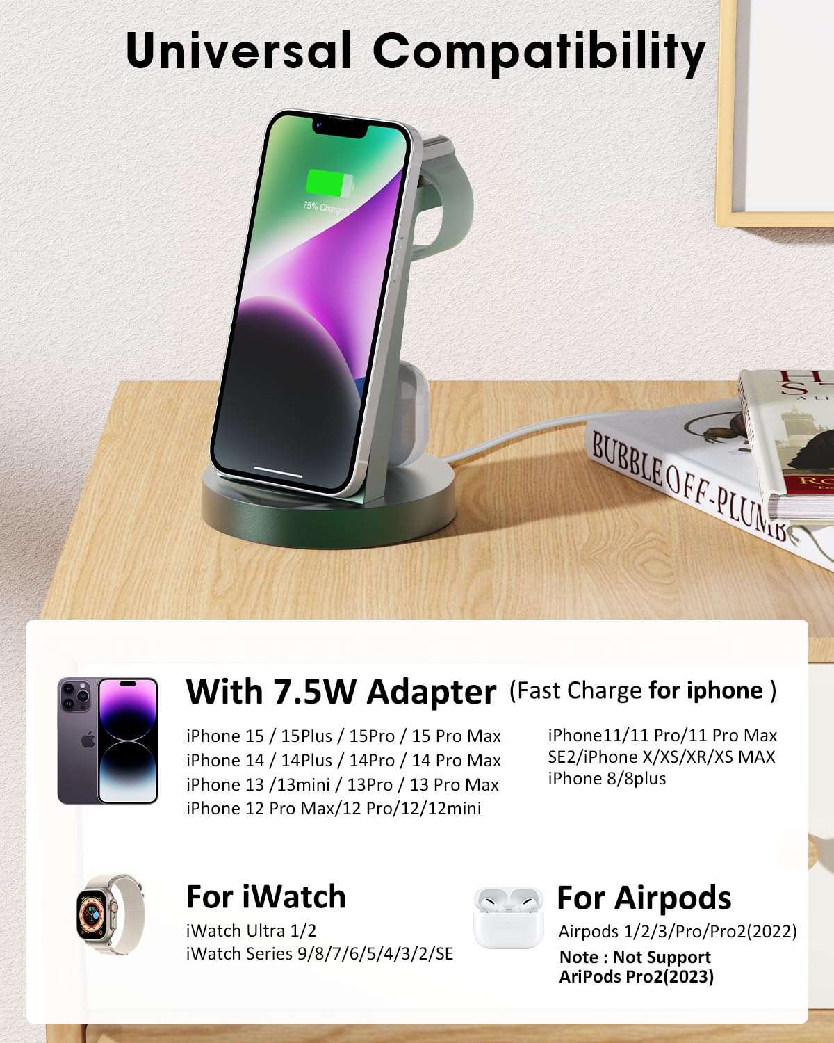 3 in 1 Charging Station for Apple - Wireless Charger for iPhone 15 14 13 12 11 Pro X Max XS XR &8 Plus - Fast Wireless Charging Dock Stand for Apple Watch Series 8 7 6 SE 5 4 3 2 & Airpods 3
