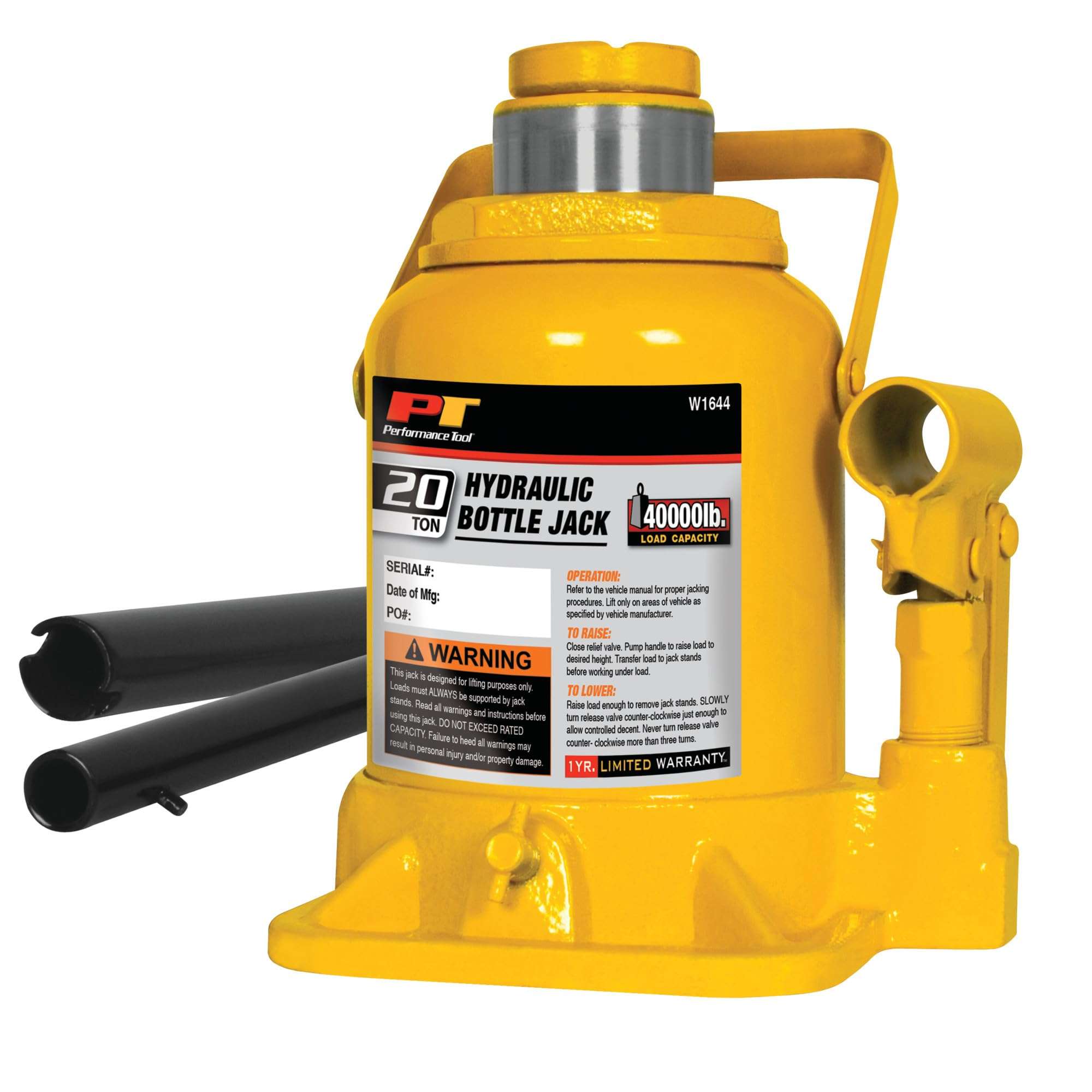 Performance Tool W1644 20 Ton (40,000 lbs.) Heavy Duty Shorty Bottle Jack 1