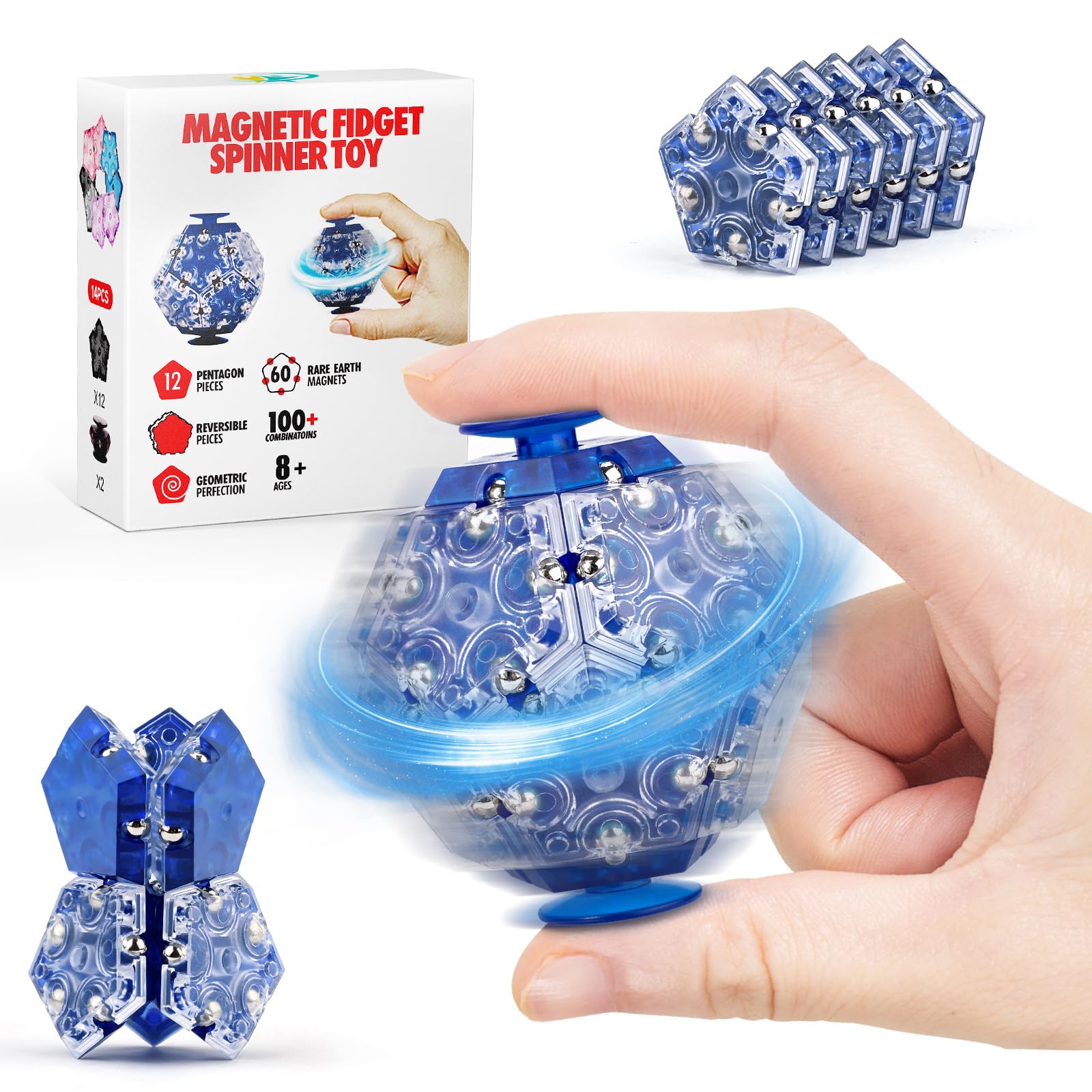 AIQI 14-Piece Set Magnetic Fidget Sphere Pentagons - Building Blocks Magnetic Stress Relief Desk Magnet Toys for Relaxation and Focus (Blue) 1