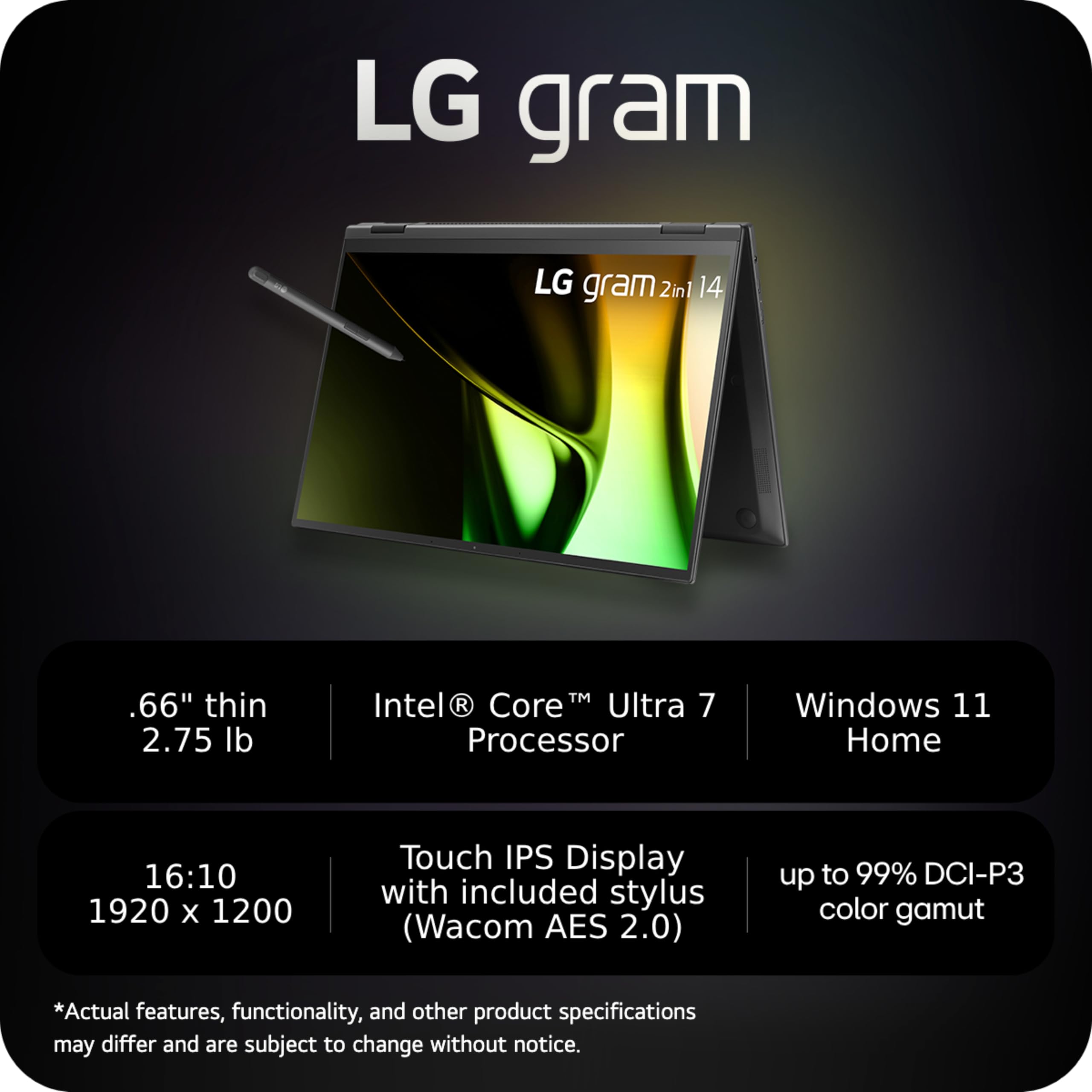 LG gram 14-inch 2in1 Lightweight Laptop, Intel Evo Edition - AI-enabled Intel Core Ultra 7 Processor, Windows 11 Home, 16GB RAM, 1TB SSD, Touch IPS Display, Black 2