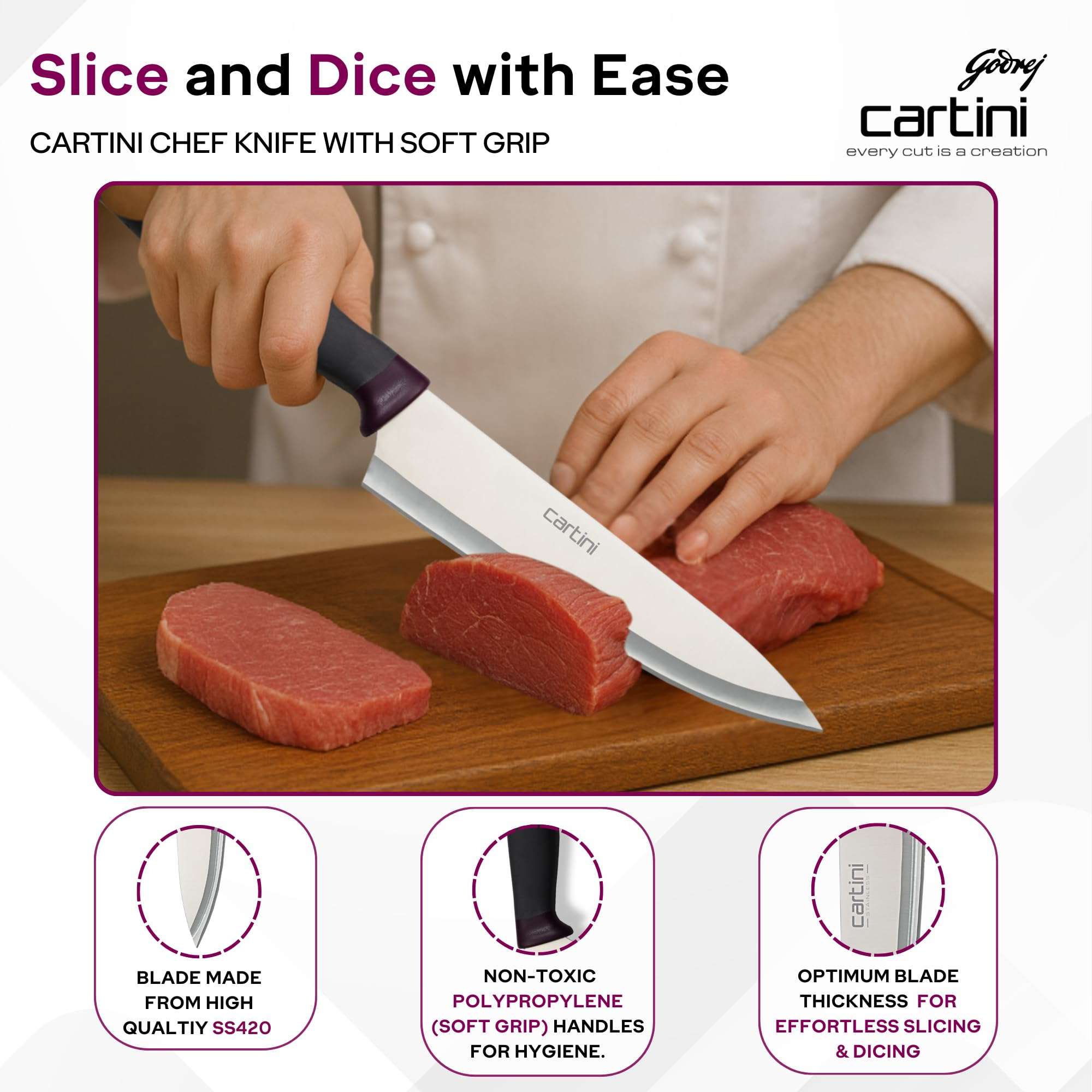 Godrej Cartini | Classic Chef Knife (13 inch) | Soft Grip Handles | for Slicing, Dicing & Chopping of Vegetables & Meat | Chaku for Home Kitchen & Professional Chef | SS420 Blade | 1 Year Warranty 3