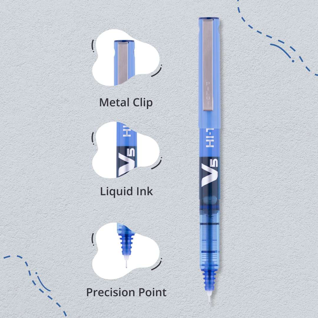 Pilot V5 Roller Ball Pen Pack of 5 (4 Blue, 1 Red) Hi-Techpoint 05-1Blue + 1Black + 1Green 4