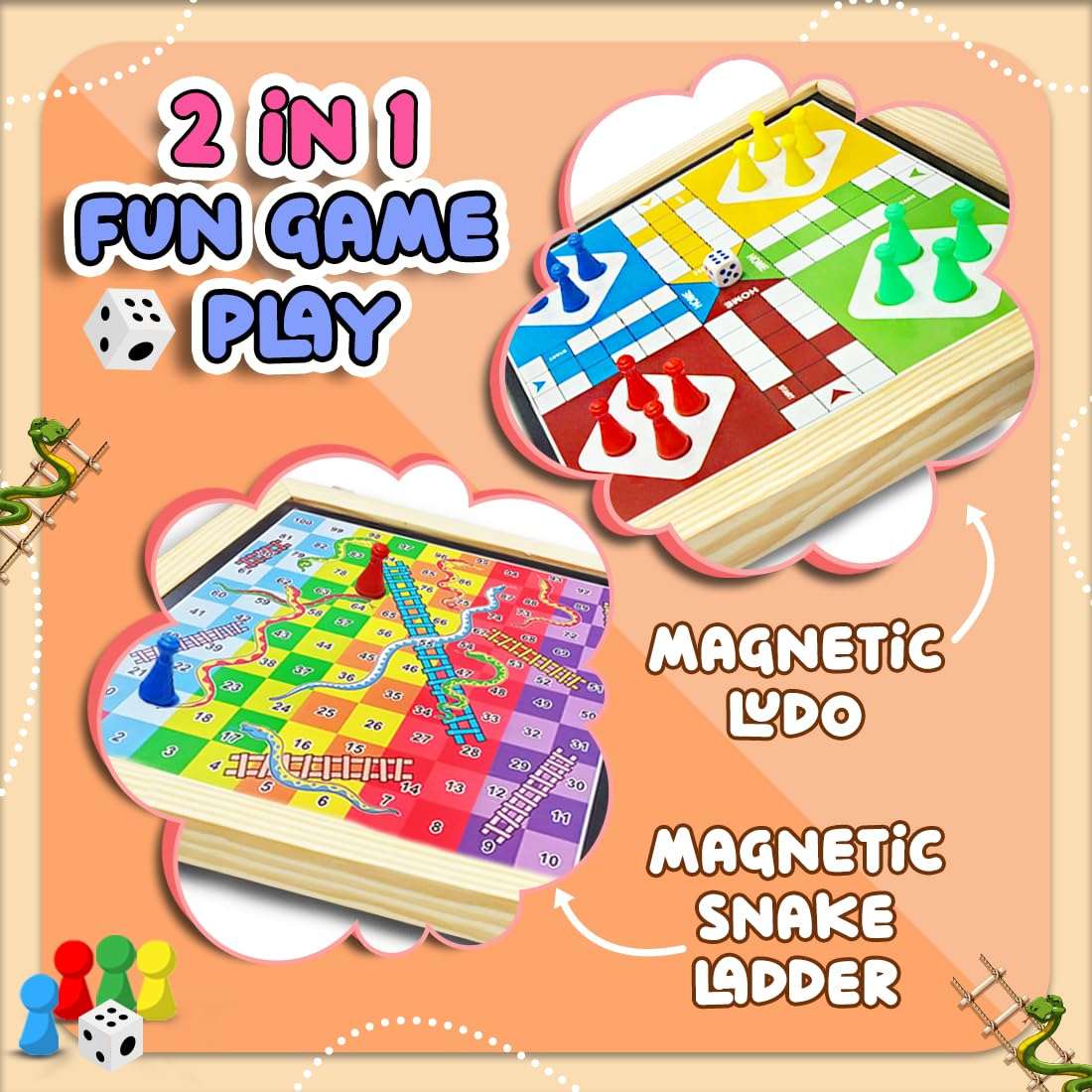 Wembley 2-in-1 Ludo Snake and Ladder Jumbo Wooden Board Game| Magnetic Ludo and Snake and Ladder Game Set| Vibrant Multiplayer Game for Kids & Adults| Smooth & Durable Indoor Board Game Set 6