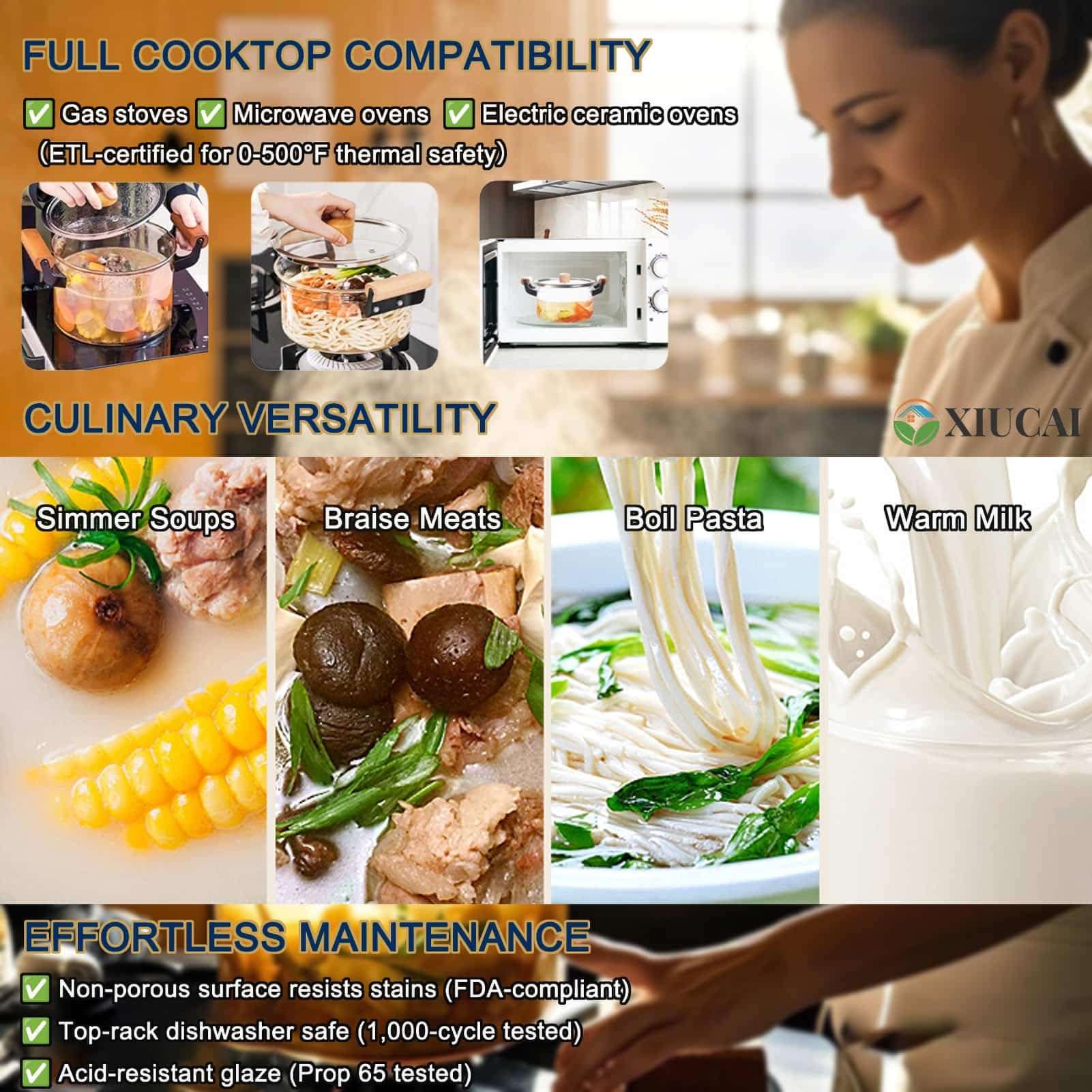 XIUCAI Heatable Glass Transparent Soup Pot, with Glass Lid and Wooden Handle, Heat Resistant Versatile Stew Pot｜Essential Kitchenware in Home Kitchens and Dining Rooms,4.5L 3